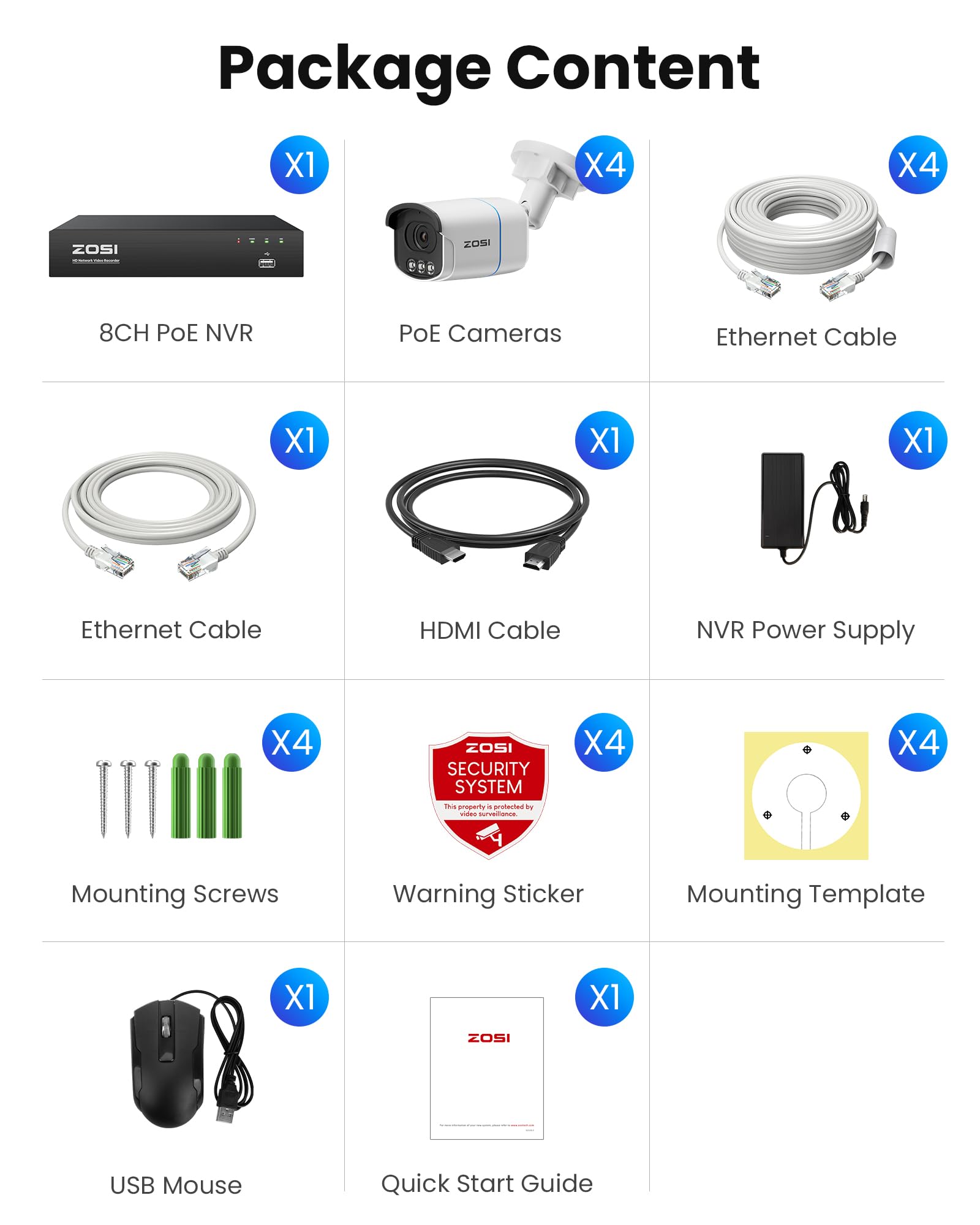 ZOSI 5MP Kit Cámaras de Vigilancia PoE Exterior, 8CH 4K Grabador NVR Sistema con (4) Cámara Seguridad IP Interior, Visión Nocturna Color, Detección y Alarma de Persona/Vehículo, 2TB HDD Incluido