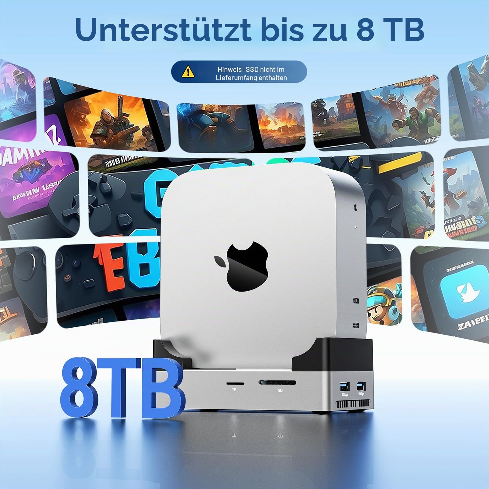 ANYOYO Mac mini M4 Dock & Ständer, 9-in-1 Aluminium 10 Gbit/s M.2 NVMe SSD-Gehäuse mit 4K@60Hz HDMI,10Gbps USB 3.1 Hub, SD/TF 3.0 Kartenleser, USB 2.0 Docking Station