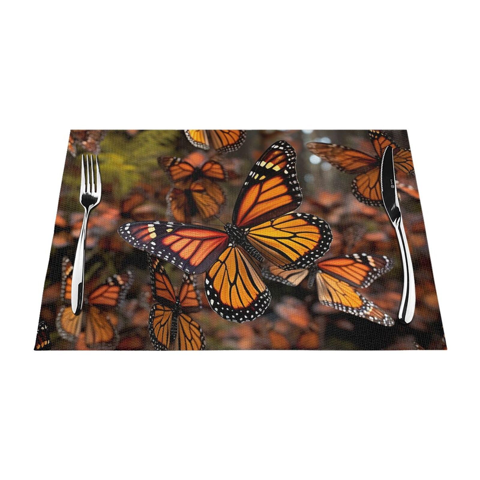 Monarch Butterflies Placemats Set of 4 PCS - Woven Vinyl Kitchen Table Placemats - Heat Resistant Non-Slip Place Mats for Dining Table, Washable Indoor Outdoor Table Mats 12x18 Inch