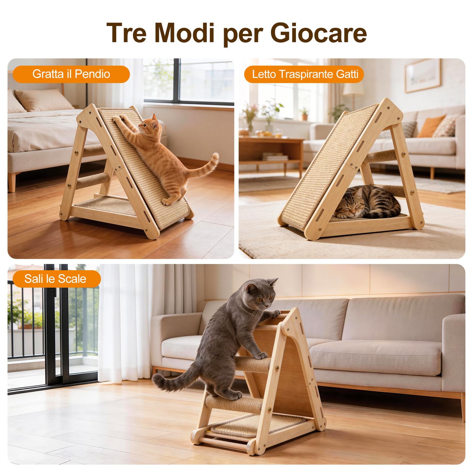DONWEI Tiragraffi Gatti Triangolare Sisal 50X28X50Cm Faggio Salvaspazio | Pannello Pieghevole Con Tappetino Sostituibile, Protegge Divani E Adatto A Tutte Le Razze Di Gatti