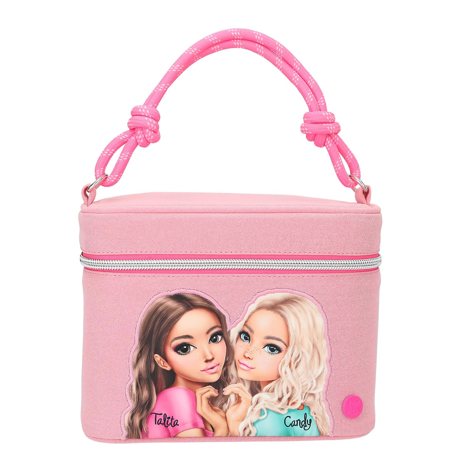 Depesche 13156 TOPModel Beauty and Me - Neceser en rosa, con motivo de modelo y purpurina, neceser con asa de transporte y espejo
