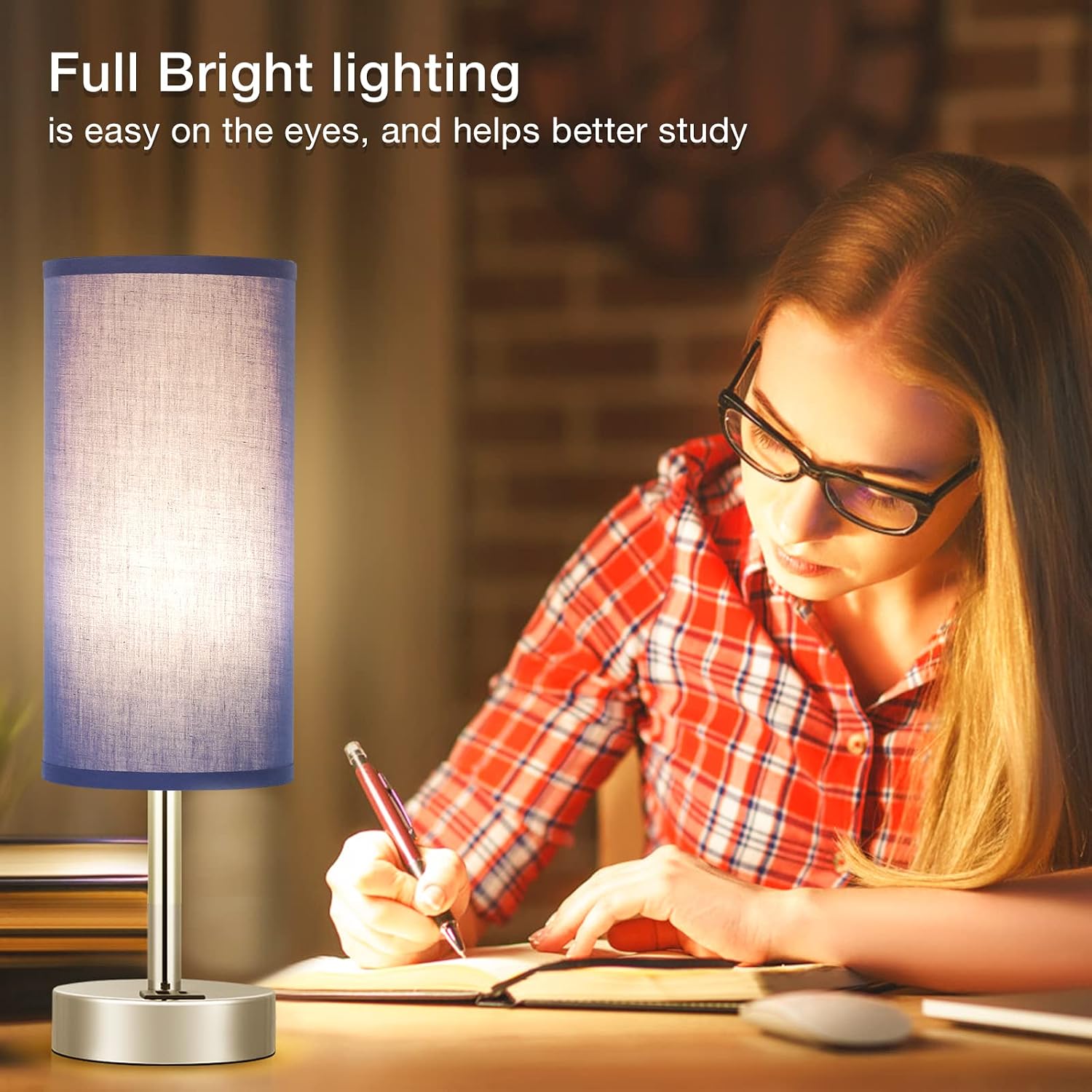 Blue Touch Table Lamps for Boy - Small Nightstand Lamp with USB-C and USB Charging Ports, 3 Way Dimmable Control Bedside Lamp with Fabric Shade Silver Base for Living Room, Office, Dorm, Reading