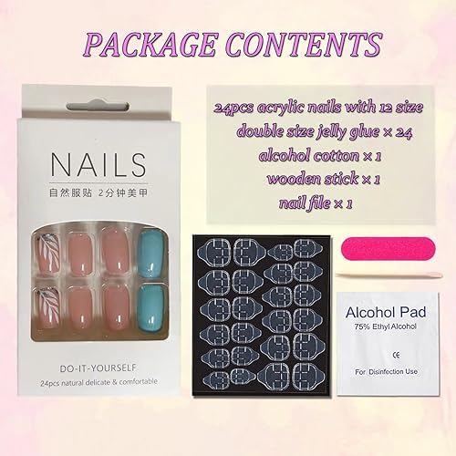 Miniatura 6 de 24 piezas de uñas postizas cuadradas medianas a presión, uñas postizas color azul claro con diseños de lentejuelas, uñas artificiales de hojas