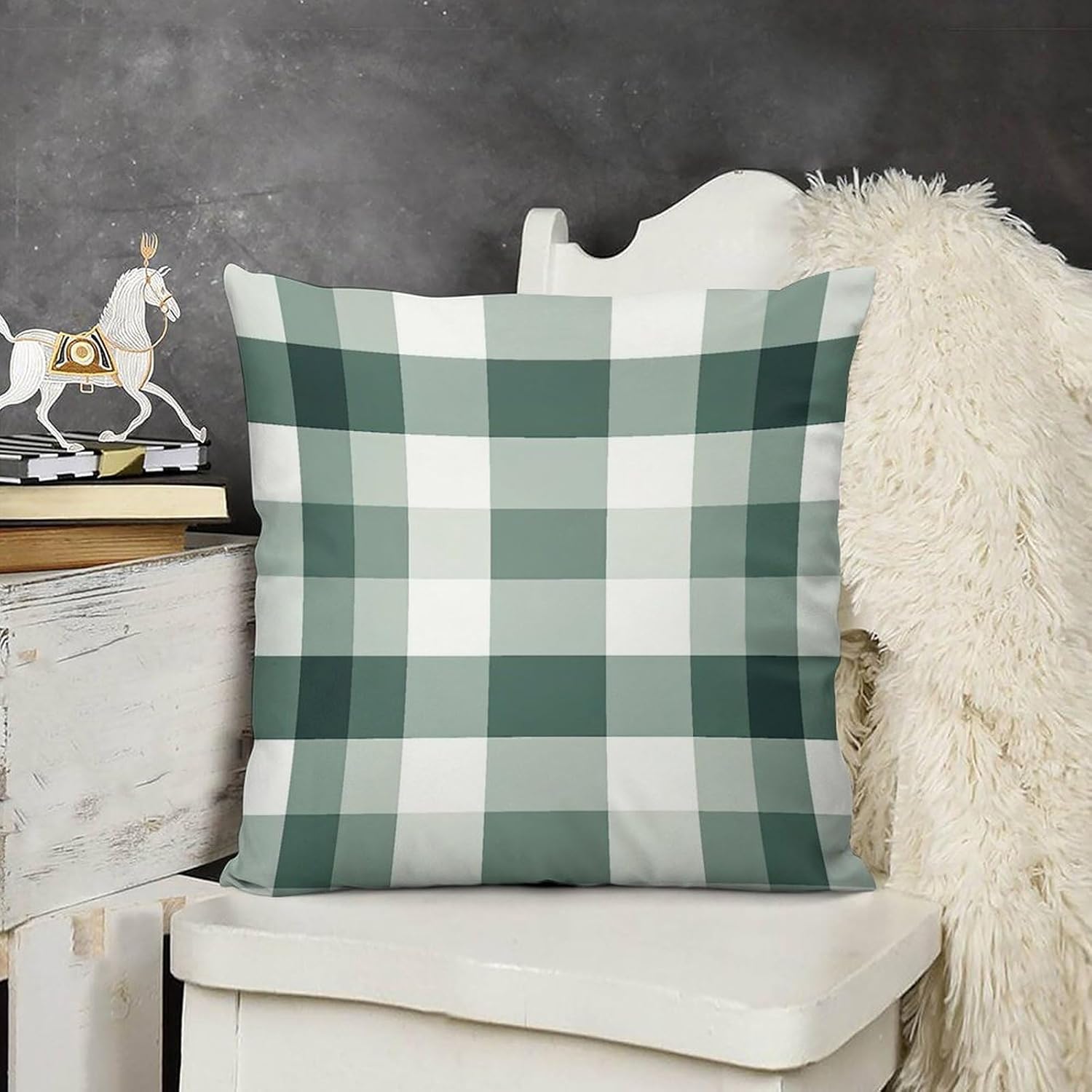 ArogGeld Green Buffalo Plaid Sofa Pillow Cover Set of 2 Green Blue Geometry Plaid Throw Pillow Cushion Oriental Chinoiserie Double Side Velvet Accent Pillow for Office Car Chair Sofa 26"x26"