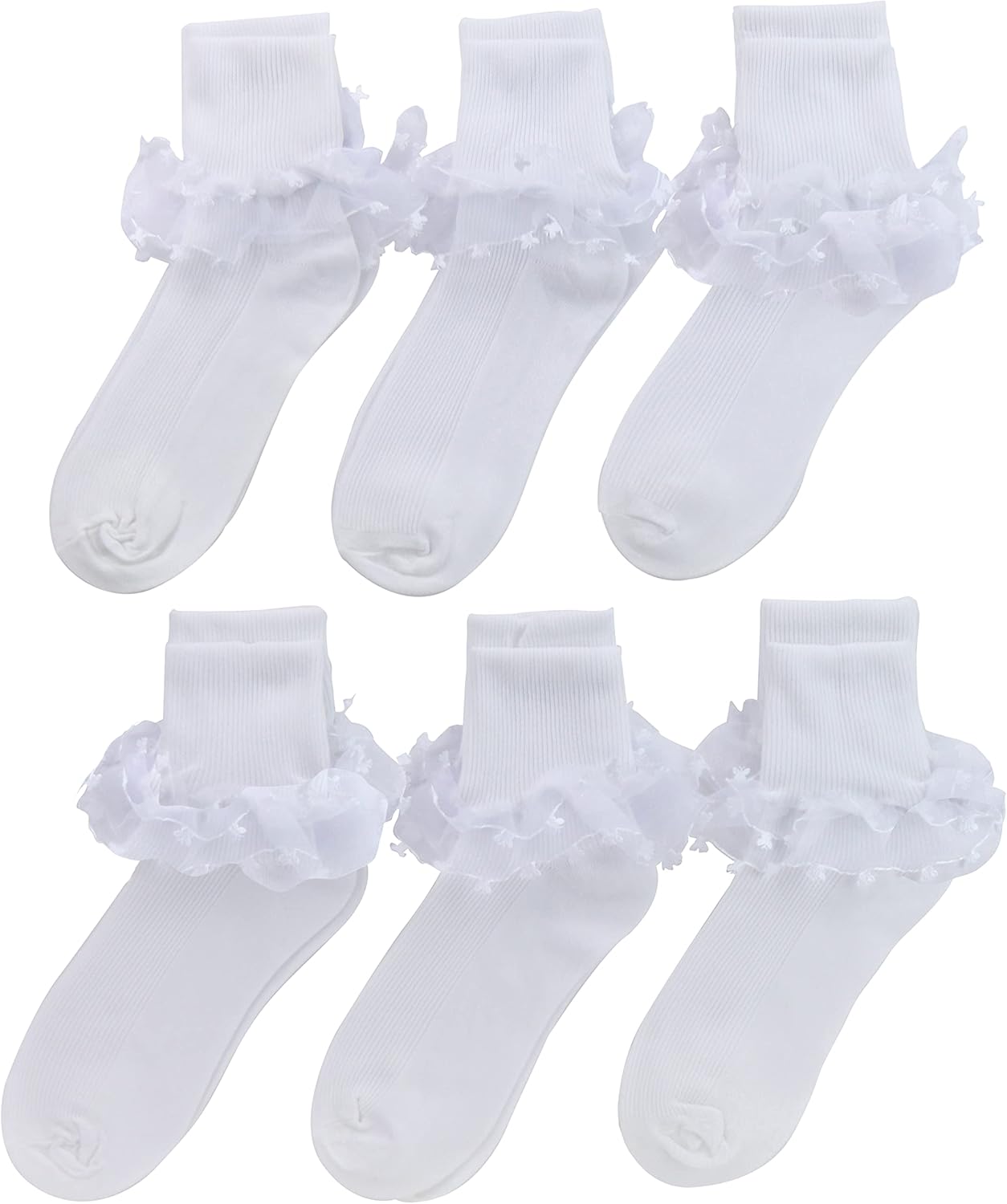 ToBeInStyle Girls' and Infants' Pack of 6 or 12 Ankle Socks with Lace Ruffle Trim and Ribbon