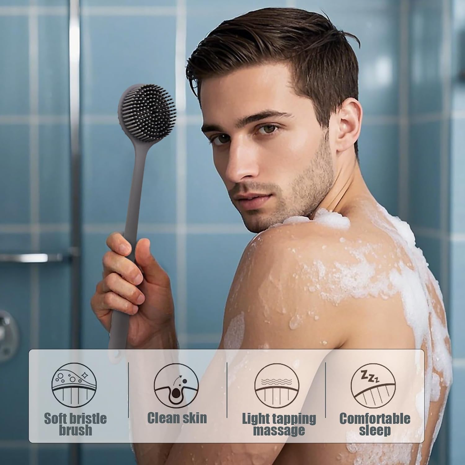 Silicone Back Scrubber for Shower Bath Body Brush with Long Handle (Gray)