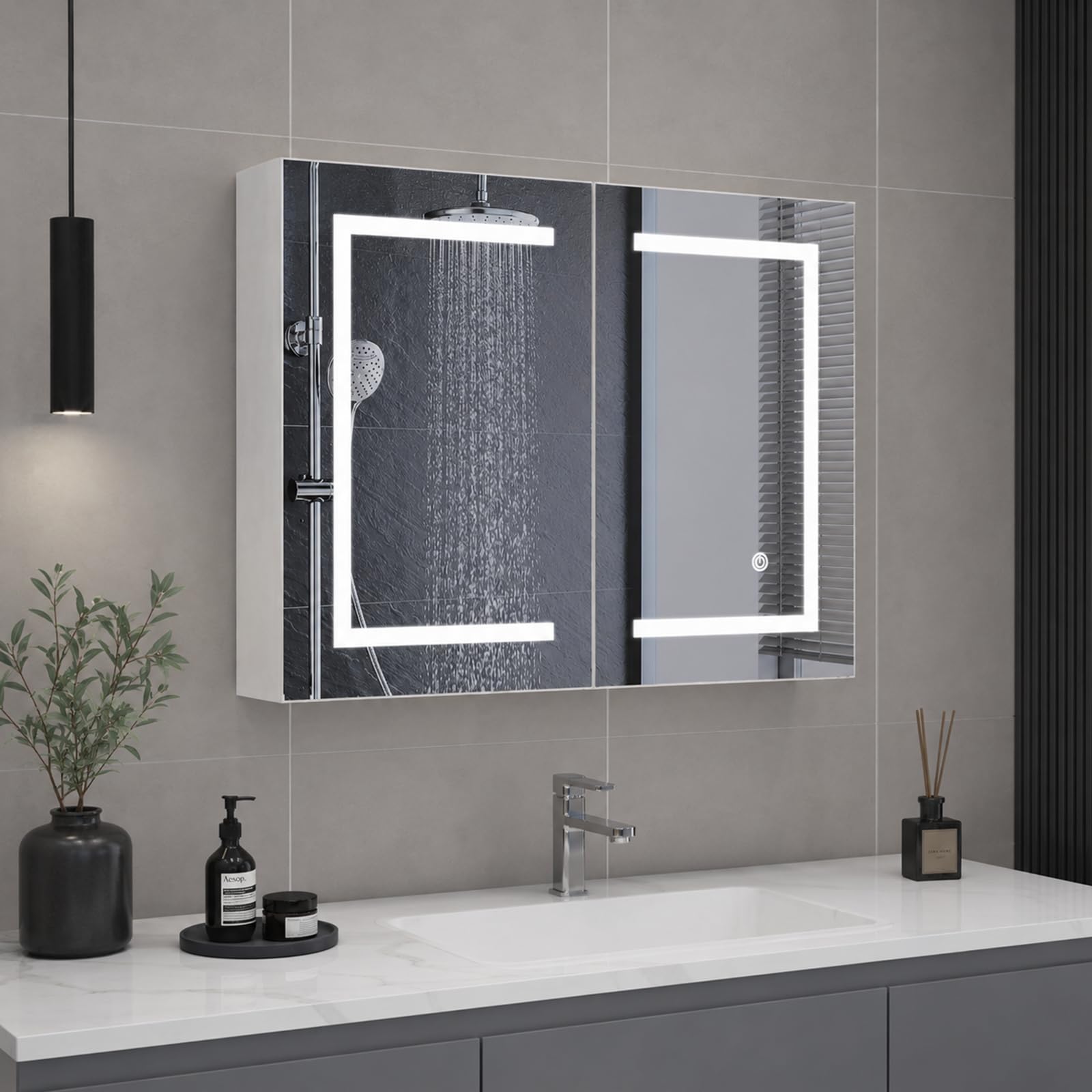 Specchio bagno contenitore con luce, 80 x 13,5 x 60 cm, Mobiletto Specchio Bagno Sospeso con 2 Ante, ripiano regolabile, luminosità regolabile, armadietto specchio bagno (bianco, 80 x 60 cm)