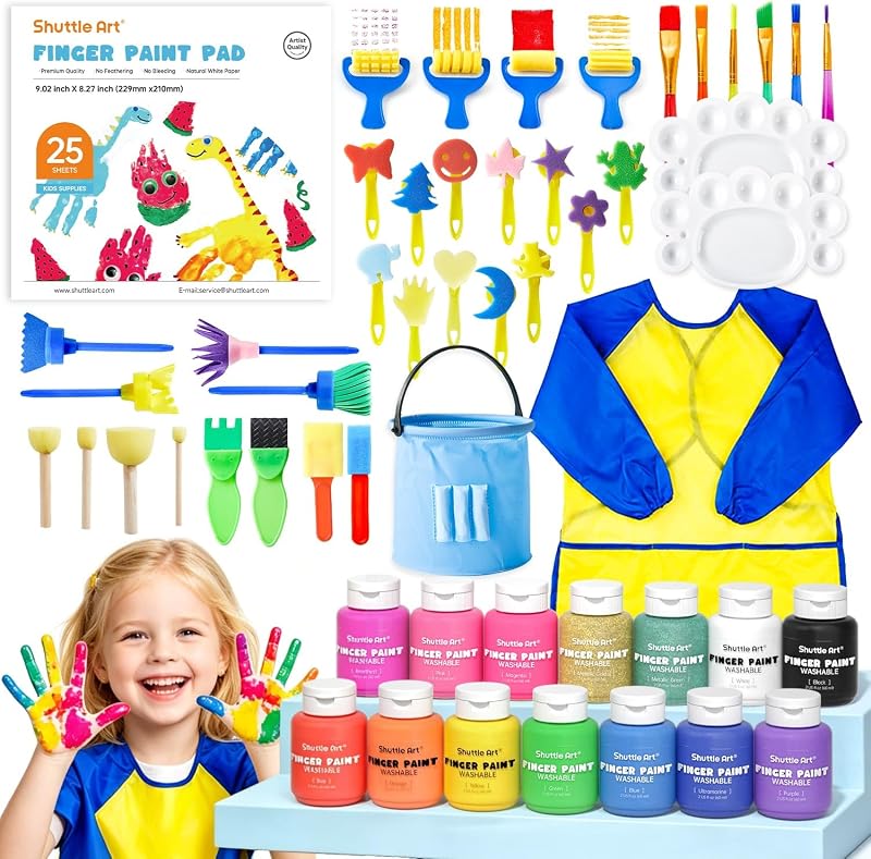 Washable Finger Paint Set, 53 PCS with 14 Colors (2 fl oz), Paint Brushes, Sponge, Palette, Non-Toxic Finger Painting for Toddlers