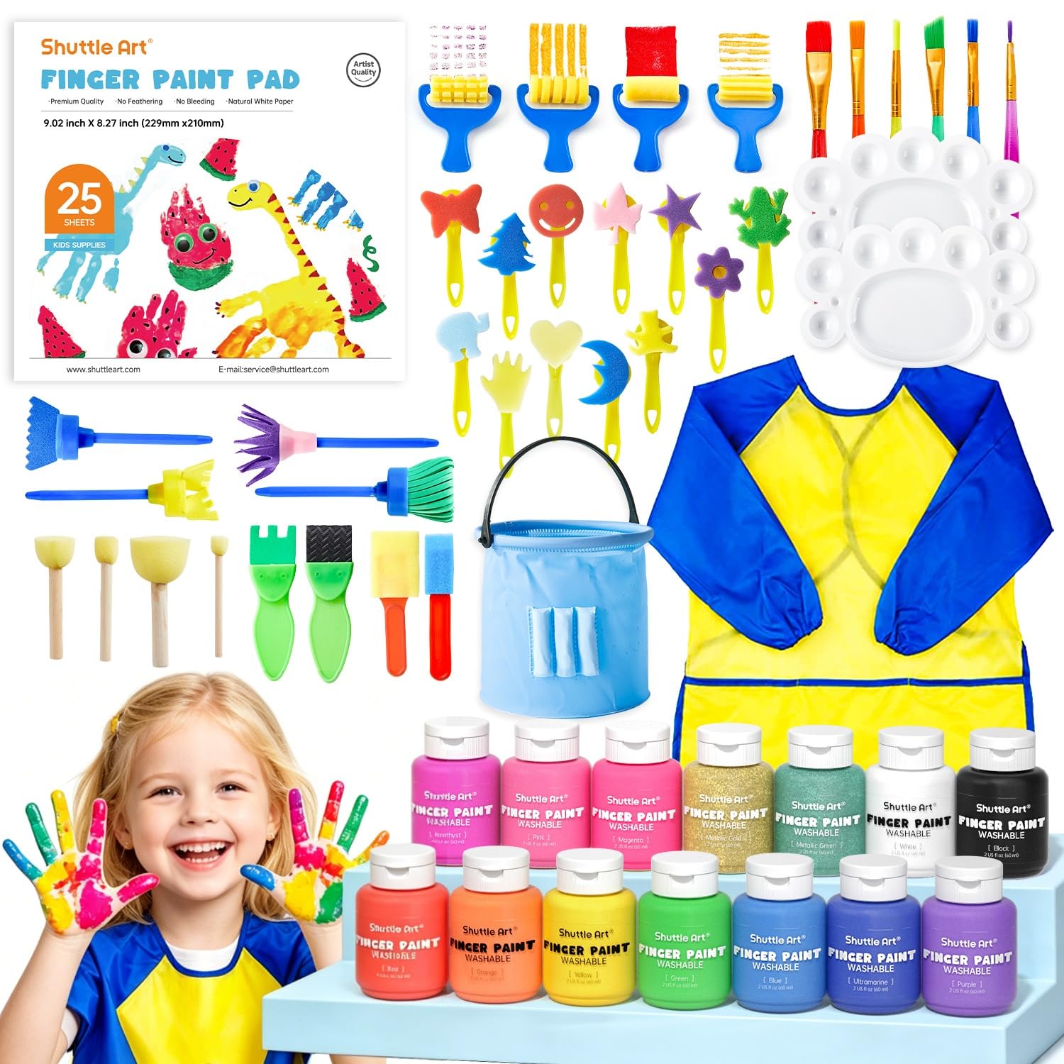 Shuttle Art Set Colori a Dita per Bambini Lavabili 46 Pezzi | con 14 Tempere Lavabili (60ml) , Pennelli, Libro da Disegno, Spugna, Tavolozza, Grembiule, Non tossico