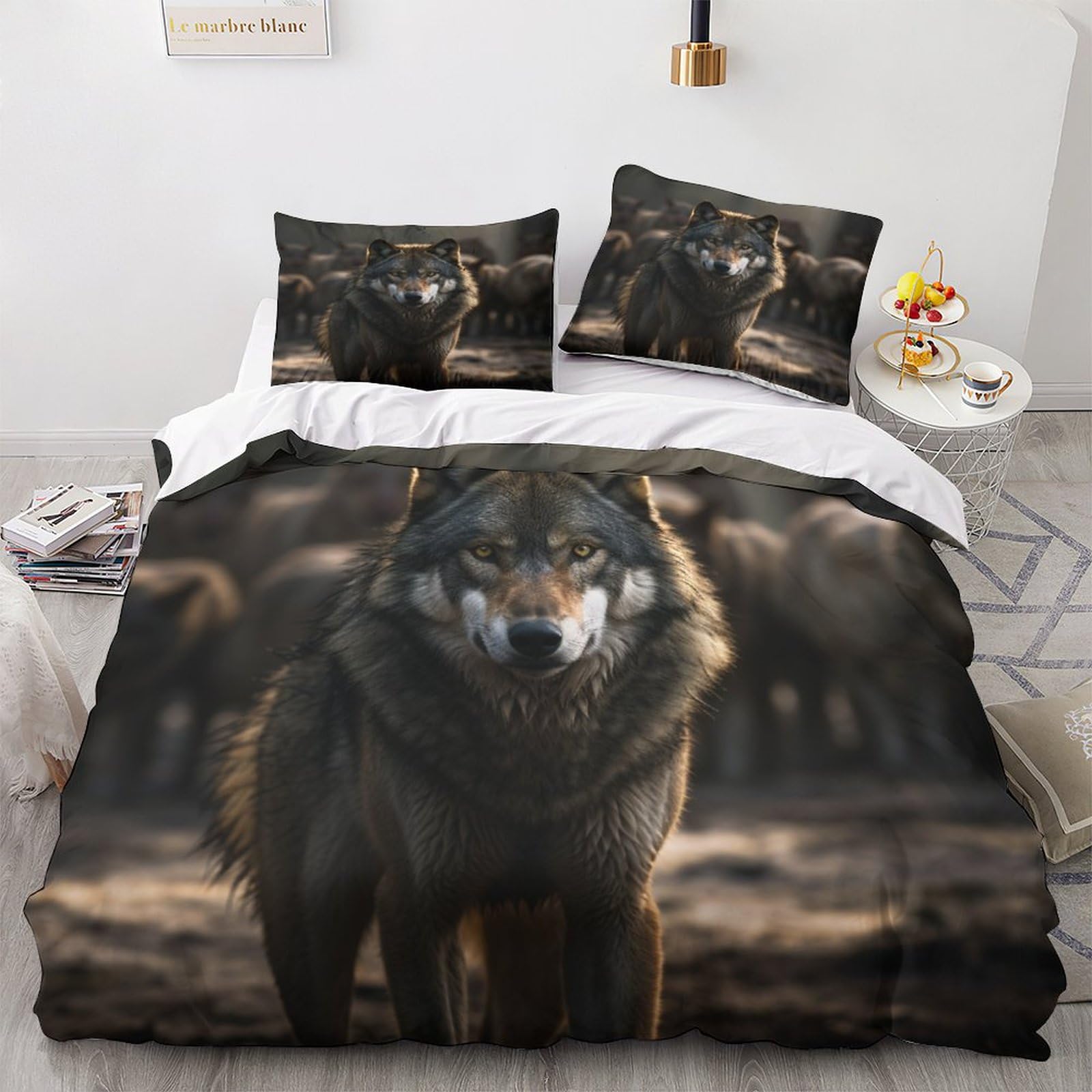 GEEYOU Wolf Pack Washable Quilt Cover Set Hidden Zipper Duvet Cover Set with Pillowcases Bedding Set Soft Microfiber Wolf King Comforter Cover Various Sizes for Kids Adults King（220x240cm）