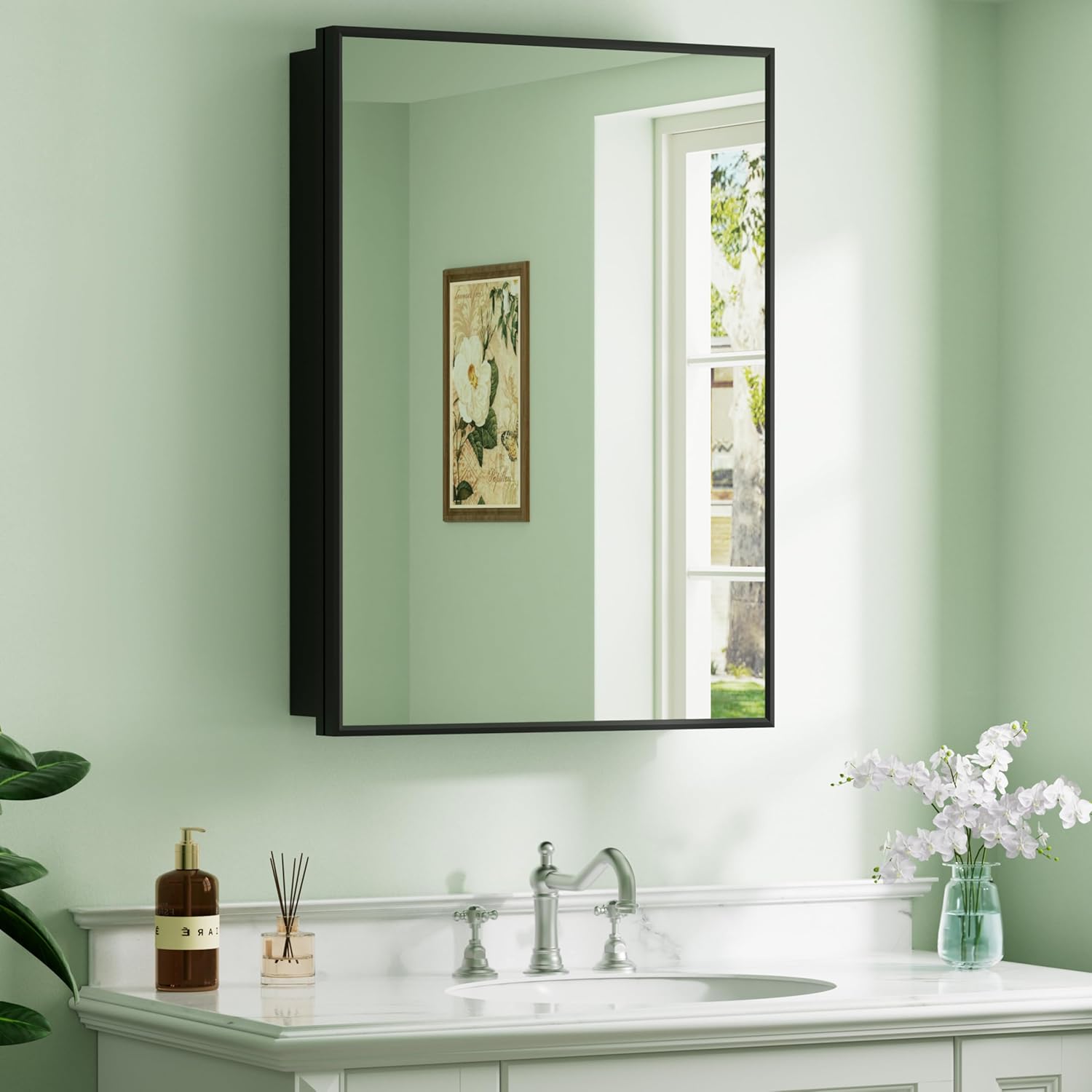 Buruis 14"x 24" Framed Medicine Cabinet with Mirror, Recessed or Wall Mounted Bathroom Cabinet, Adjustable Tempered Glass Shelves, Left/Right Open Reversible, No Assembly Required, Black 14'' x 24'' Single Door