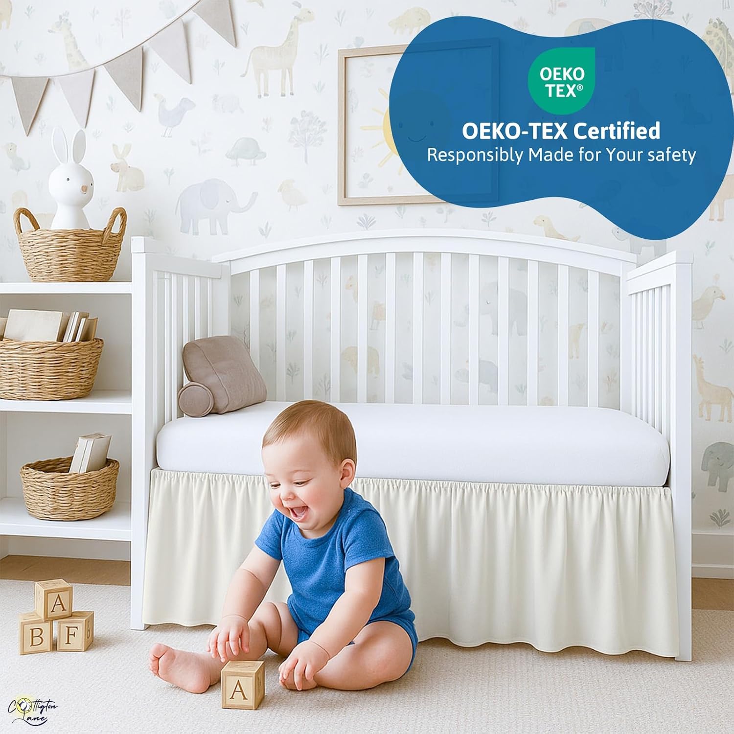 Cottington Lane Ivory Infrant Crib Bed Skirt Dust Ruffle with Split Corner, 100% Natural Cotton Nursery Crib Toddler Bedding Skirt for Baby Girls or Boy, Fits Standard Cribs 28" x 52" with 14" Drop