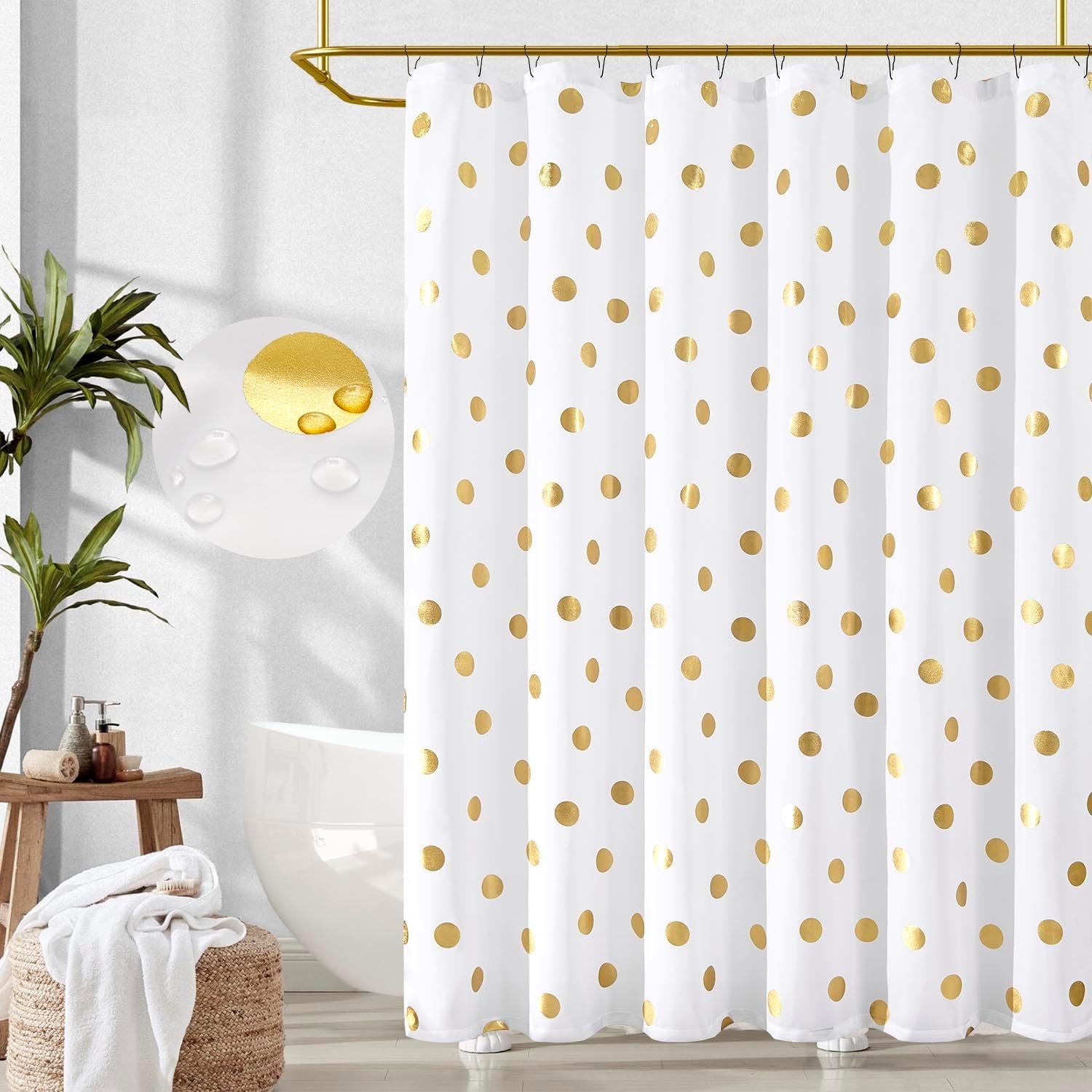 jinchan Polka Dot Shower Curtain, Modern Fabric White and Gold Shower
