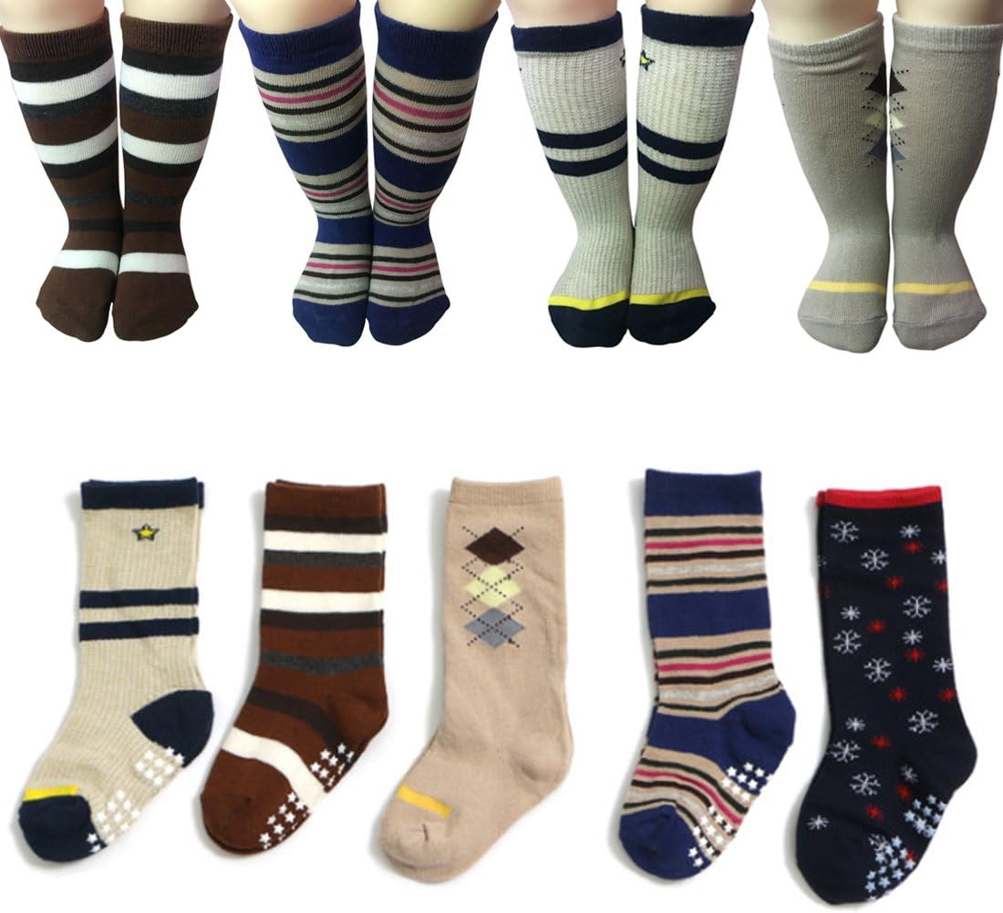 Kakalu Baby Non Slip Toddler Socks 5 Pairs Walker Boys Anti Skid Slip Knit Knee High Cotton Long Foot Sneakers Socks Wih Grips For 1-3 Years