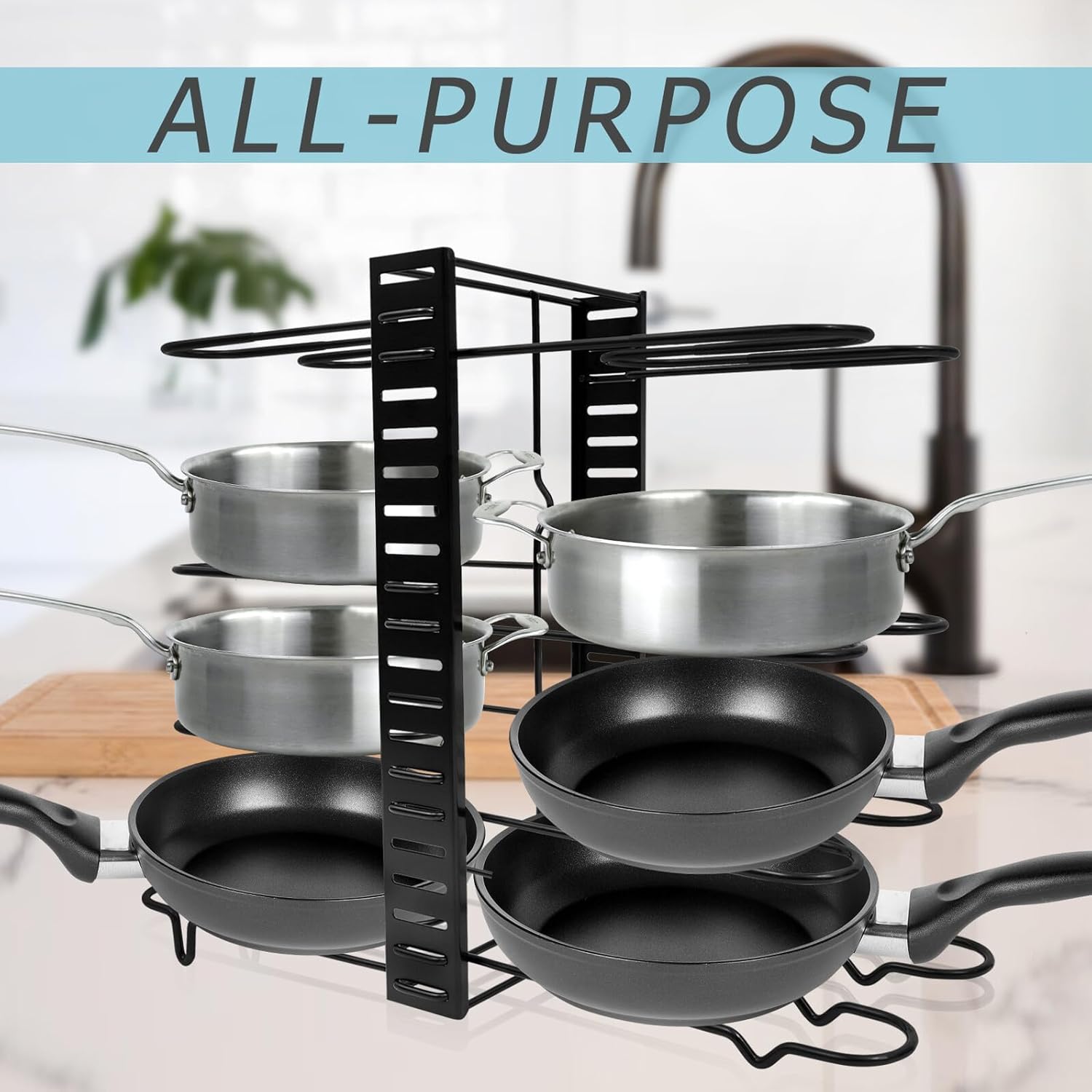 Multi-function Pot Lid Rack and Iron Kitchen Organizer with 8-layer Coated Storage, Pan and Cutting Board Holder for Cabinet and Countertop Use