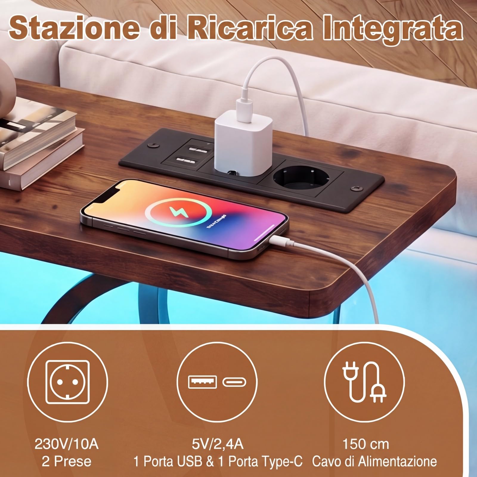 COSTWAY Consolle Ingresso, Tavolo d'Ingresso a 3 Ripiani con Luce, Stazione di Ricarica e Telecomando, Consolle Salvaspazio con per Corridoio, Entrata e Salotto 79,5 x 30,5 x 81,5 cm (Marrone)