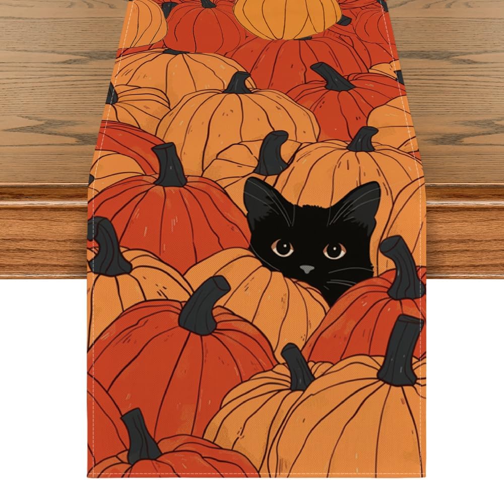 Artoid Mode Cat Pumpkins Autumn Table Runner, Seasonal Fall Kitchen Dining Table Decoration for Home Party Decor 40×140 cm