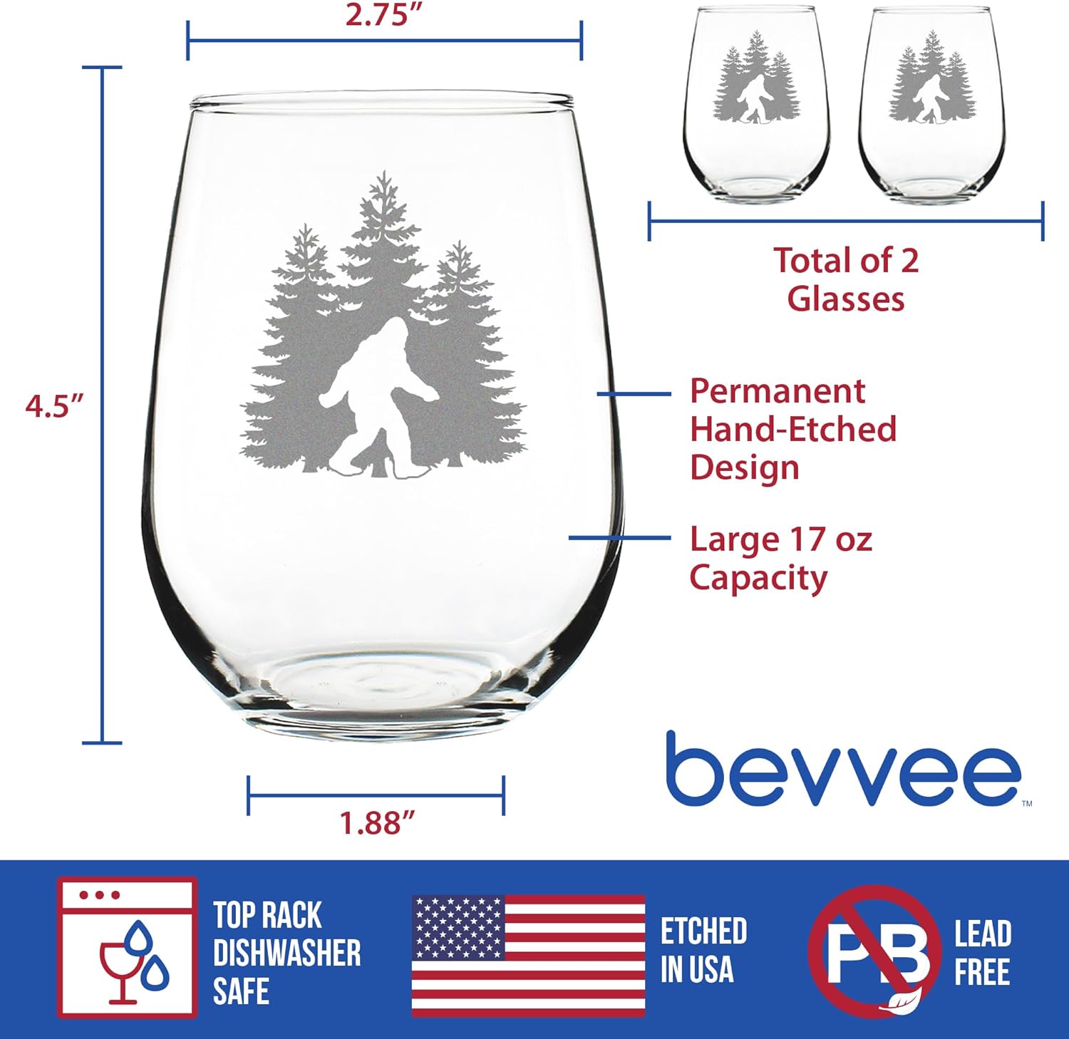 Bevvee Bigfoot Stemless Wine Glass - Funny Bigfoot Gifts for Sasquatch Enthusiasts - Set of 2-17 Oz Wine Glasses