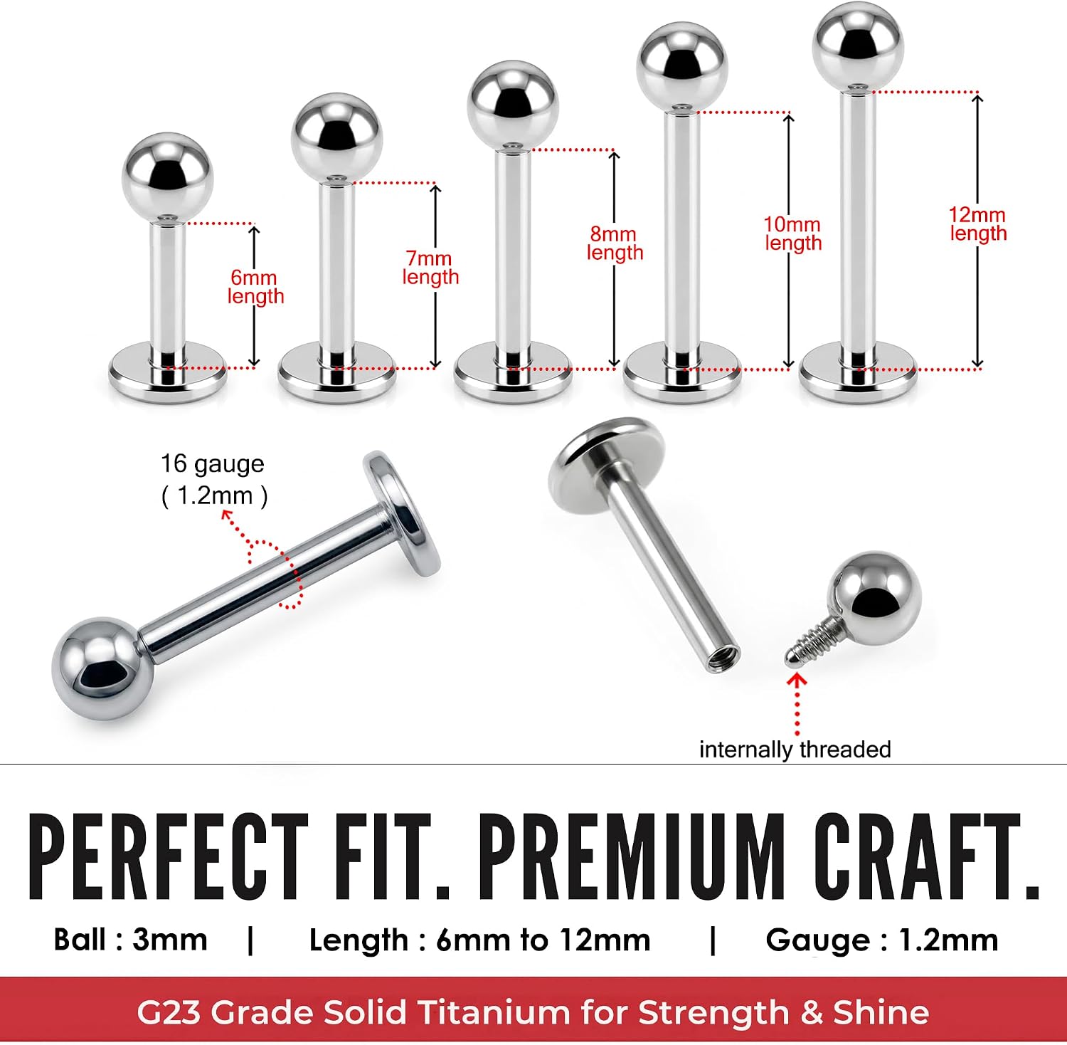 G23 Grade Titanium Internally Threaded 16 Gauge - 6mm, 7mm, 8mm, 10mm, 12mm Lip Labret with 3mm Ball - Monroe Lip Tragus Piercing - Helix Stud Piercing - Cartilage Earring Body Jewelry