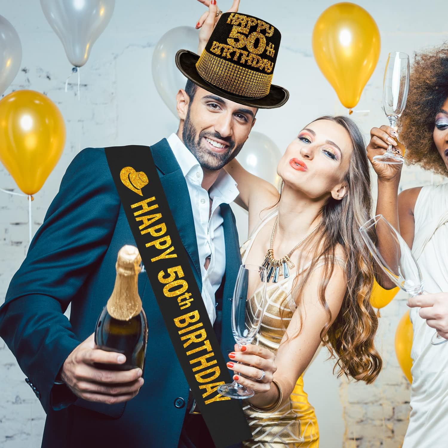 HnoonZ 50th Birthday Decorations Men: Party Hat & Sash Set for Men - Black & Gold - Large (24-inch head circumference) - 50th Birthday Gifts for Him