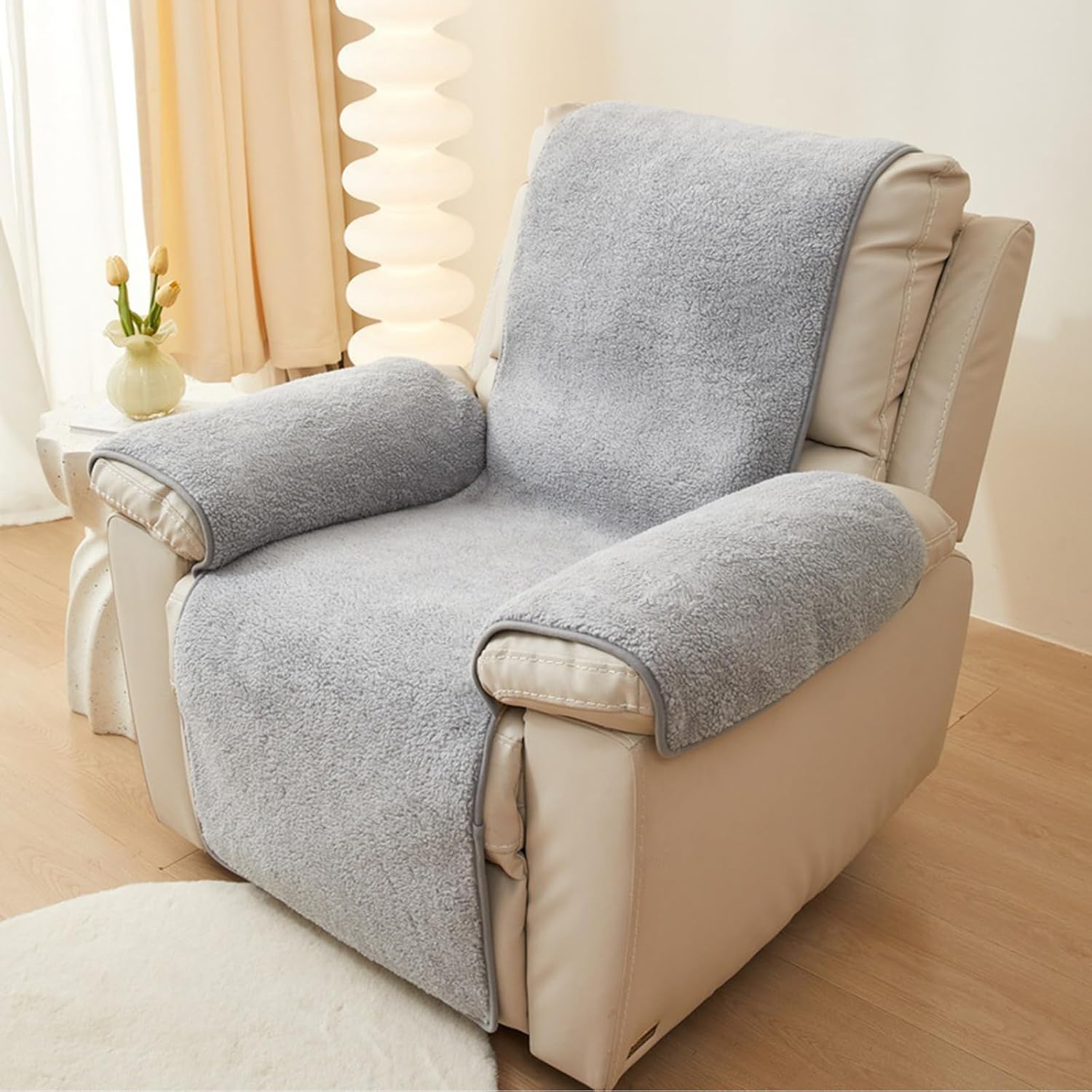 Sherpa Fleece Recliner Chair Cover, Soft Fluffy Couch Recliner Cover, Sofa Slipcover, Stay in Place, Non Slip, Washable, Furniture Protector, Kids, Pets (Light Grey-22"*82")