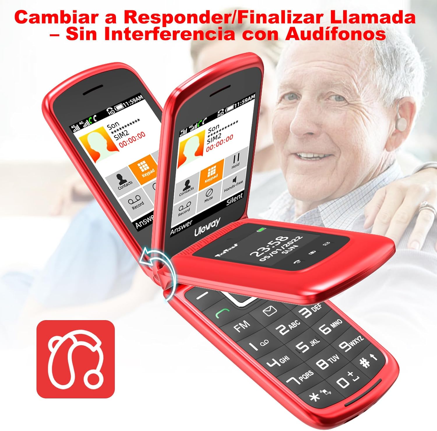 A person using the uleway T380D flip phone, demonstrating how opening the flip answers a call and closing it ends a call. The image also highlights HAC compatibility.