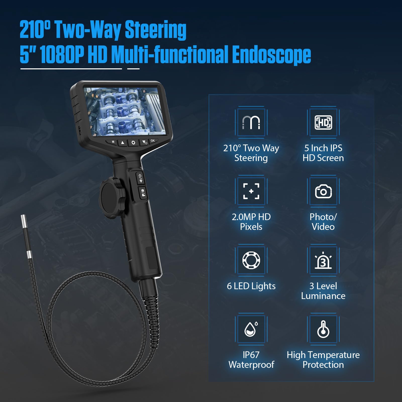MRCARTOOL Endoscopio Industrial para Móvil 2MP Cámara de Inspección con Luz, Bidireccional Sonda de 210° Giratorio, Pantalla LCD IPS de 5" HD 1080P Boroscope con 6.35mm Cámara, IP67, Tarjeta TF