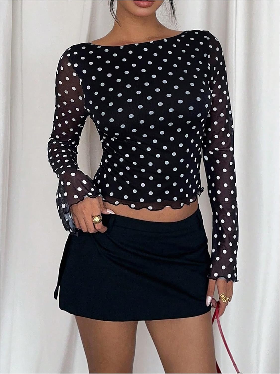 WDIRARA Women's Polka Dots Mesh Long Sleeve Crop Tops Boat Neck Backless Tee Shirt - Image 2
