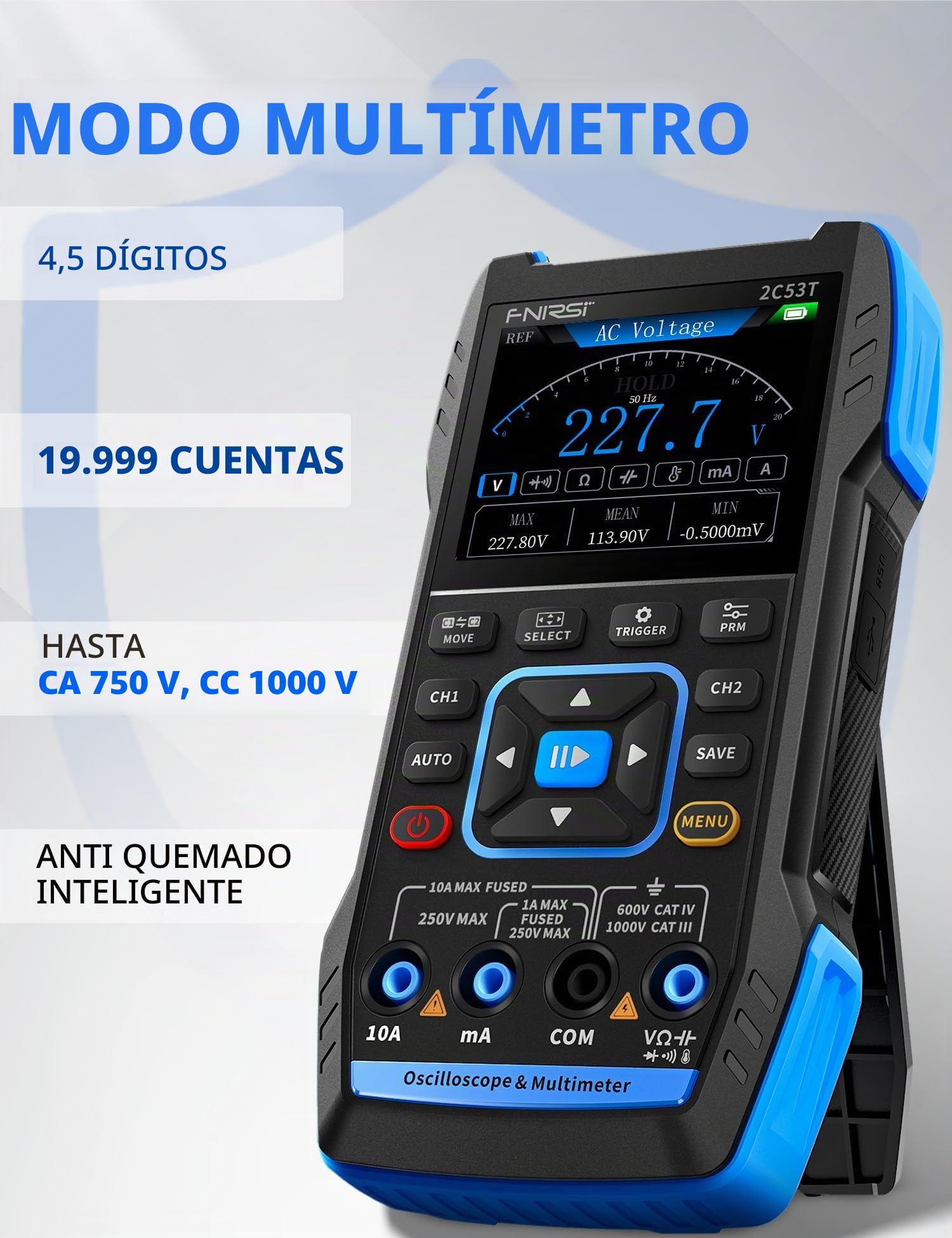 Osciloscopio Digital 3 en 1 Portátil Multímetro Ancho De Banda 2 Canales 50 MHz Frecuencia De Muestreo 19999 Recuentos