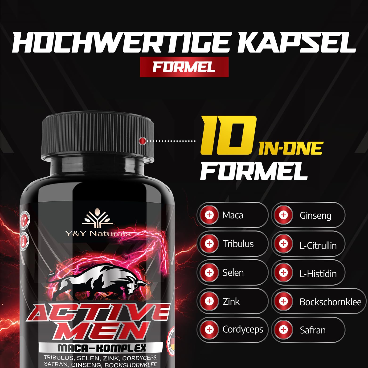Männer Testosteron¹ Kapseln – 10-in-1 Komplex mit Maca 20:1, Tribulus, Bockshornklee, Zink, Selen & Safran | Active Men | Vegan, Laborgeprüft, Made in Germany | Alternative zu Ashwagandha