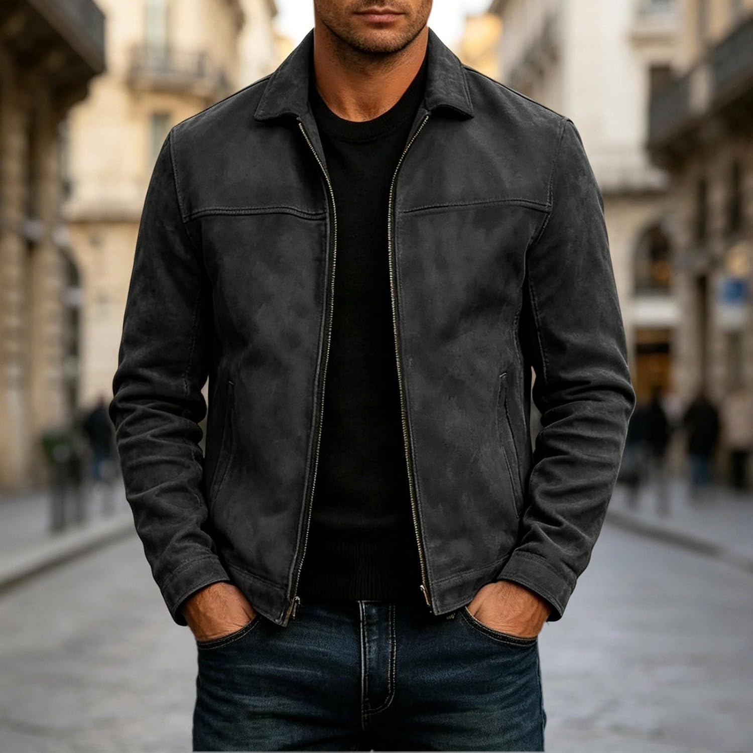 Men's Bomber Jacket Casual Suede Lightweight Full Zip