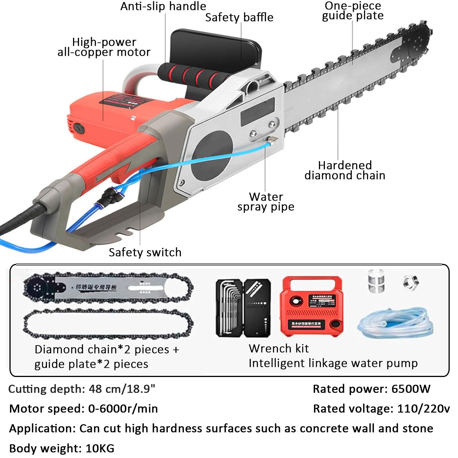 Motosierra Eléctrica para Muros, con Profundidad de Corte de 35/48 cm, Equipo Industrial para Cortar Hormigón con Bomba de Agua, 2 Cadenas y 2 Barras Guía para Granito, Hormigón y Piedra