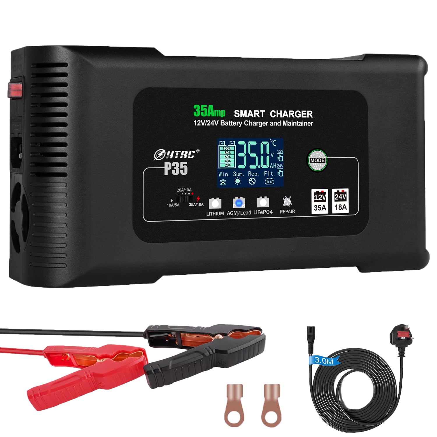 SolaMr 35A Car Battery Charger, 12V and 24V Intelligent Fully Automatic Battery Maintainer with Pulse Reconditioning for Trucks, Motorcycles, Marine Lithium and Lead Acid Batteries - P35