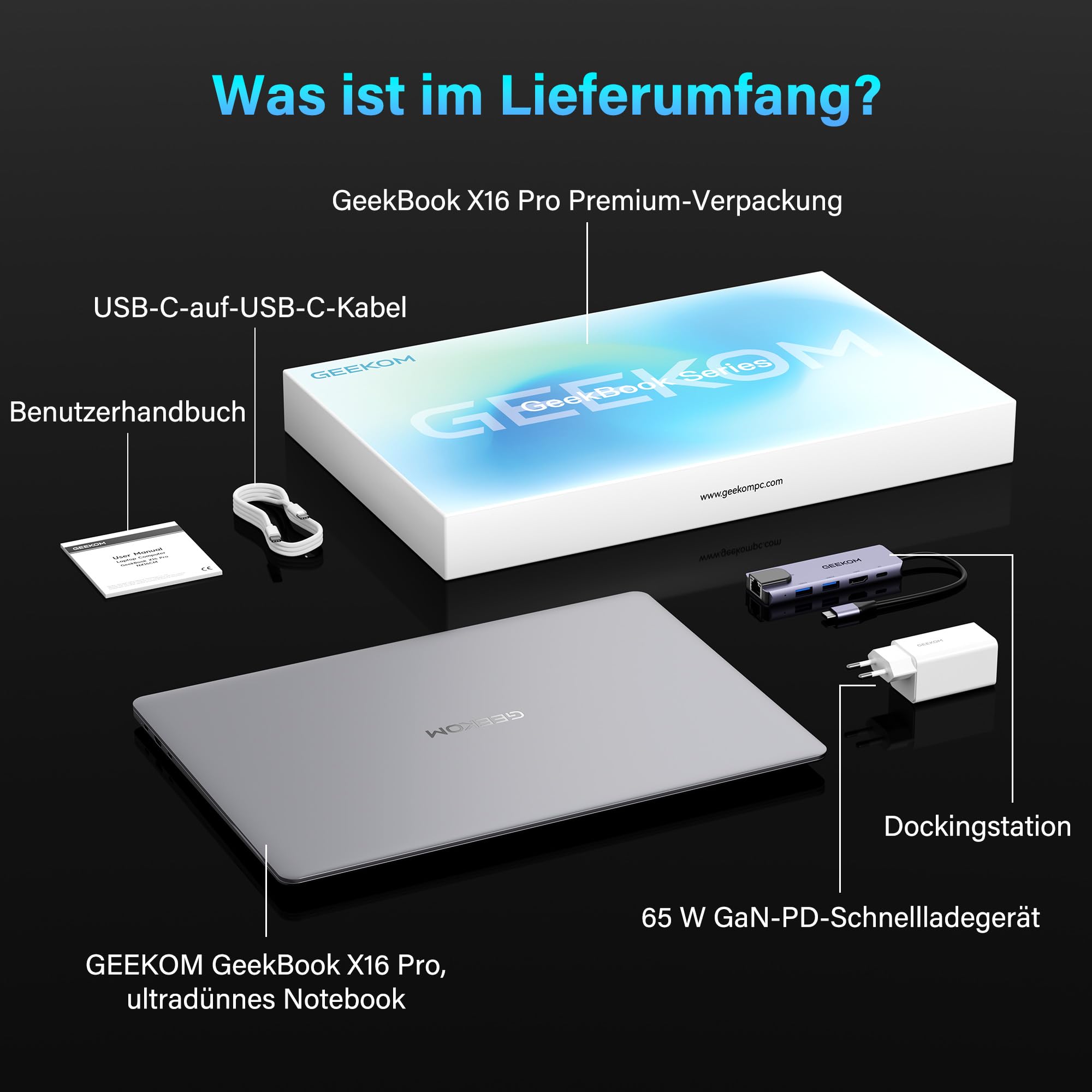 GEEKOM GeekBook X16 Pro Laptop, 1299g Metallgehäuse, 16" 2.5K, Intel Core Ultra 9-185H, 32GB LPDDR5x 7500MT/s, 2TB SSD, USB4, Fingerabdrucksensor, DTS:X Ultra, bis zu 17h Akku, Copilot, Windows 11 Pro