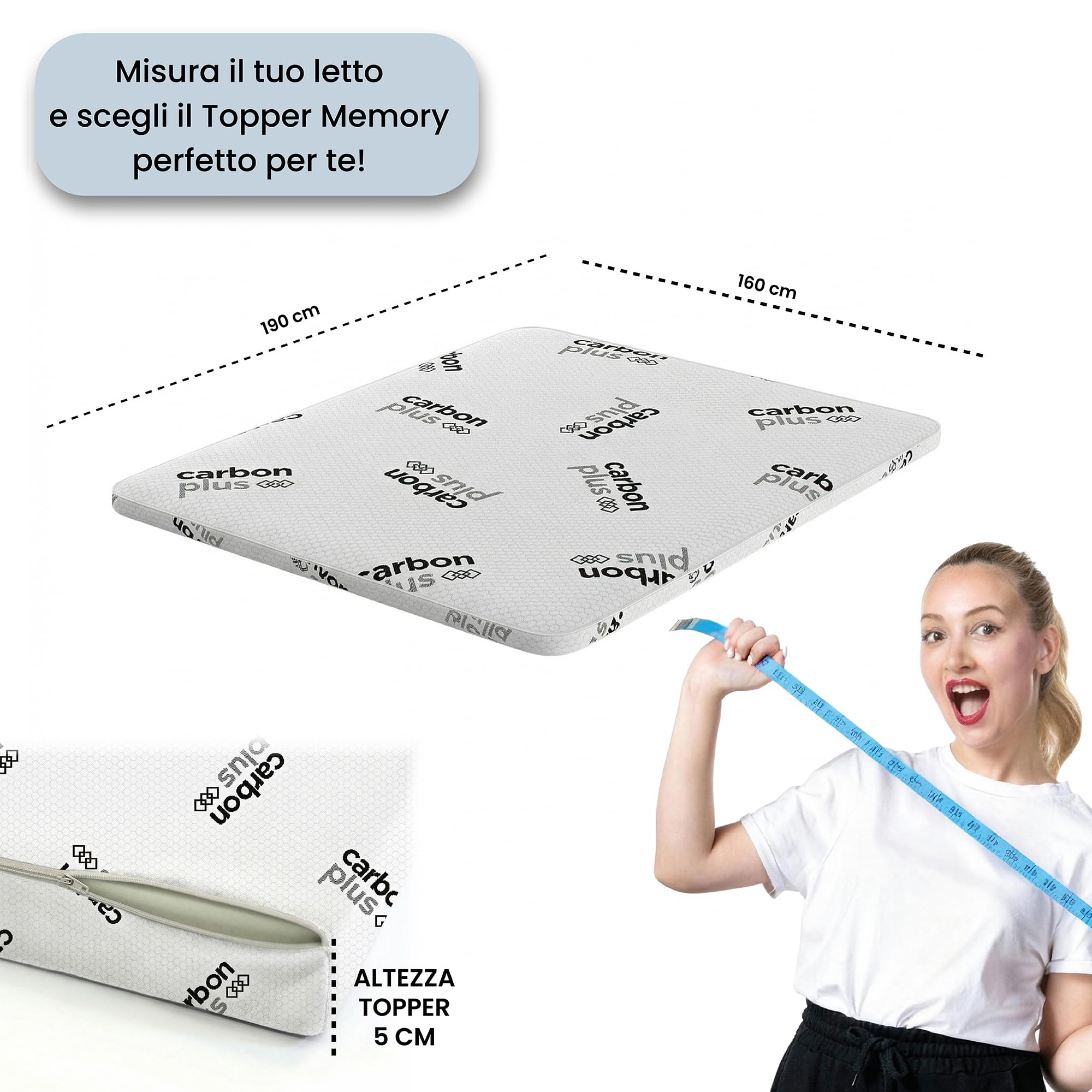 Topper Memory Foam 160x190 Matrimoniale, Made in Italy, Carbonio - Materasso per Massimo Confort - Letto Morbido per un Sonno Profondo (Matrimoniale - Carbonio)