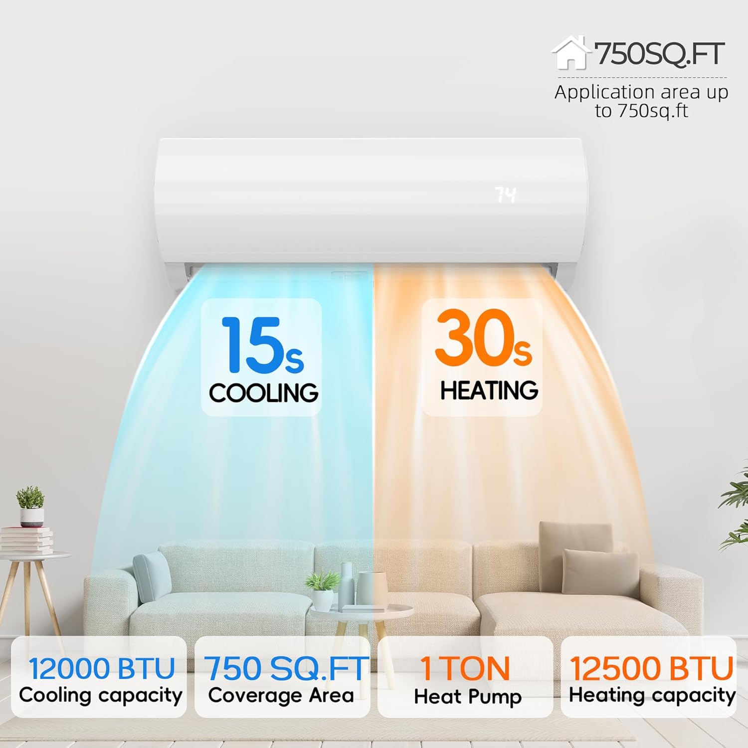 18000BTU Mini Split Air Conditioner Heat Pump, 19 SEER2 Inverter Compressor AC Unit Cools Rooms up to 1250 Sq. Ft, 230V Ductless Split AC with Pre-Charged Condenser & Installation Kit