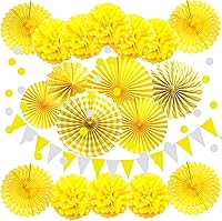 Vista 1 de ZERODECO - Decoración de fiesta, 21 piezas de abanicos de papel amarillo colgantes, pompones, flores, guirnaldas, tiras de lunares y banderines