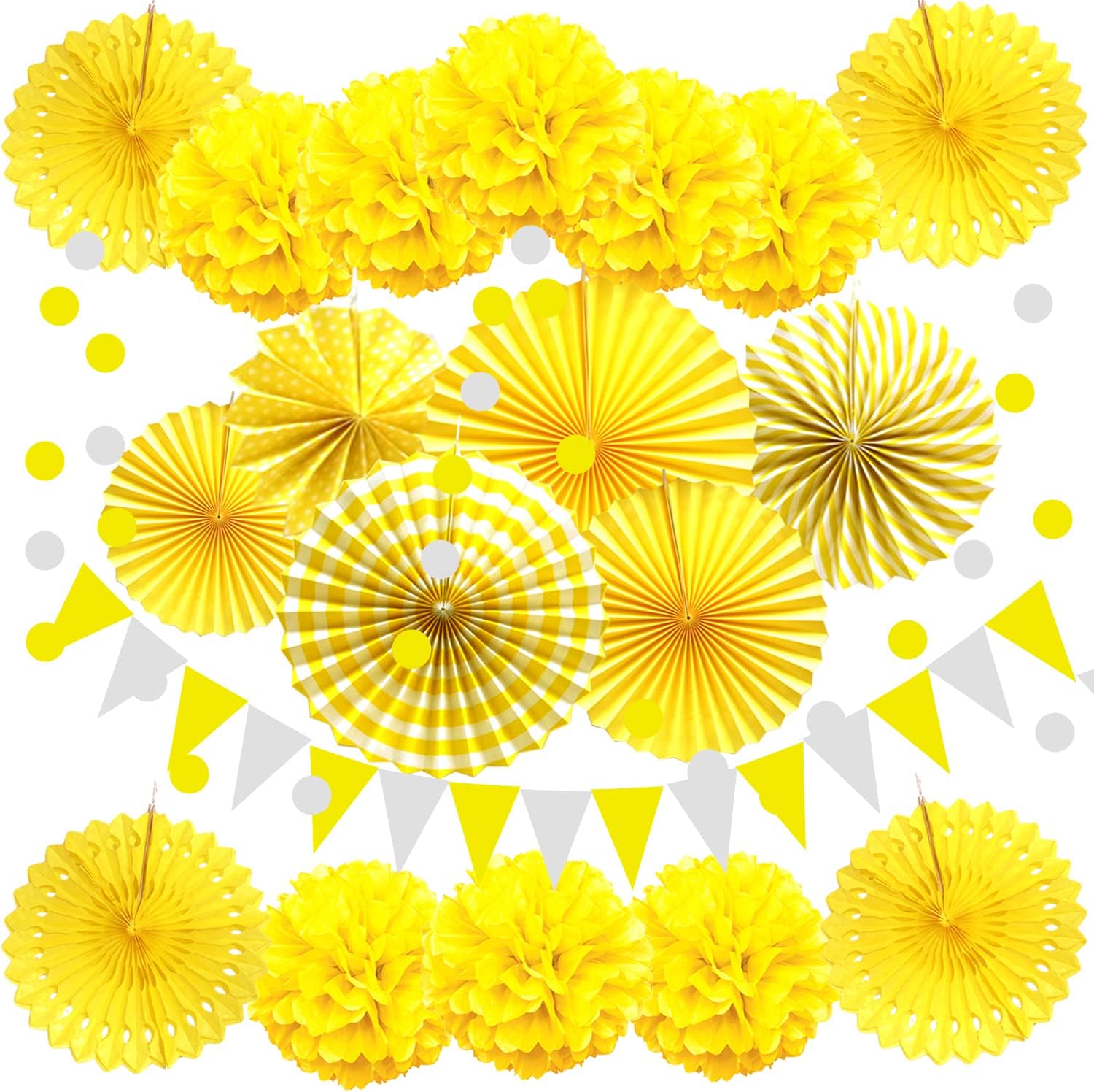 ZERODECO Party Decoration, Yellow 21 Pcs Hanging Paper Fans, Pom Poms Flowers, Garlands String Polka Dot and Triangle Bunting Flags