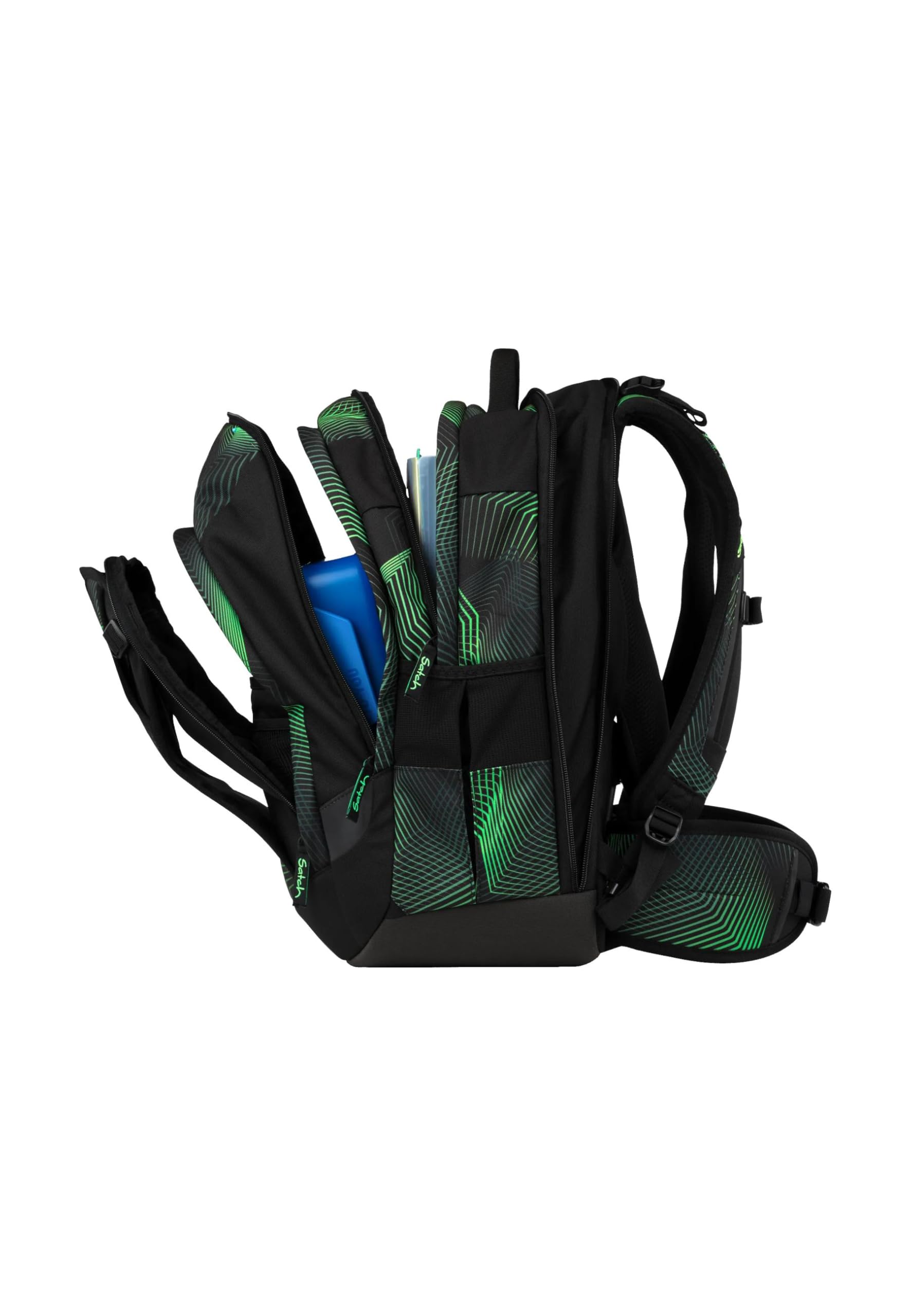 Satch match plus Schulrucksack, erweiterbar auf 35 Liter, ergonomisch, mit Fronttasche Seismic Green - Schwarz