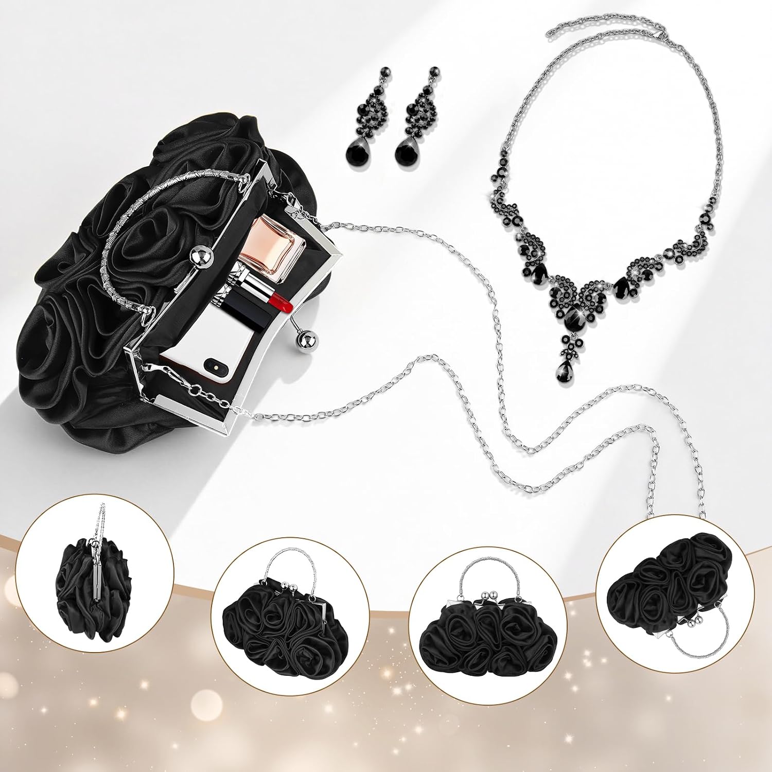 4 Pcs Flower Clutch Rhinestone Jewelry Set Rose Clutch Handbags with Detachable Strap Rhinestone Necklace Dangle Earrings Bracelets for Bridal Wedding Party Prom Valentine Gift