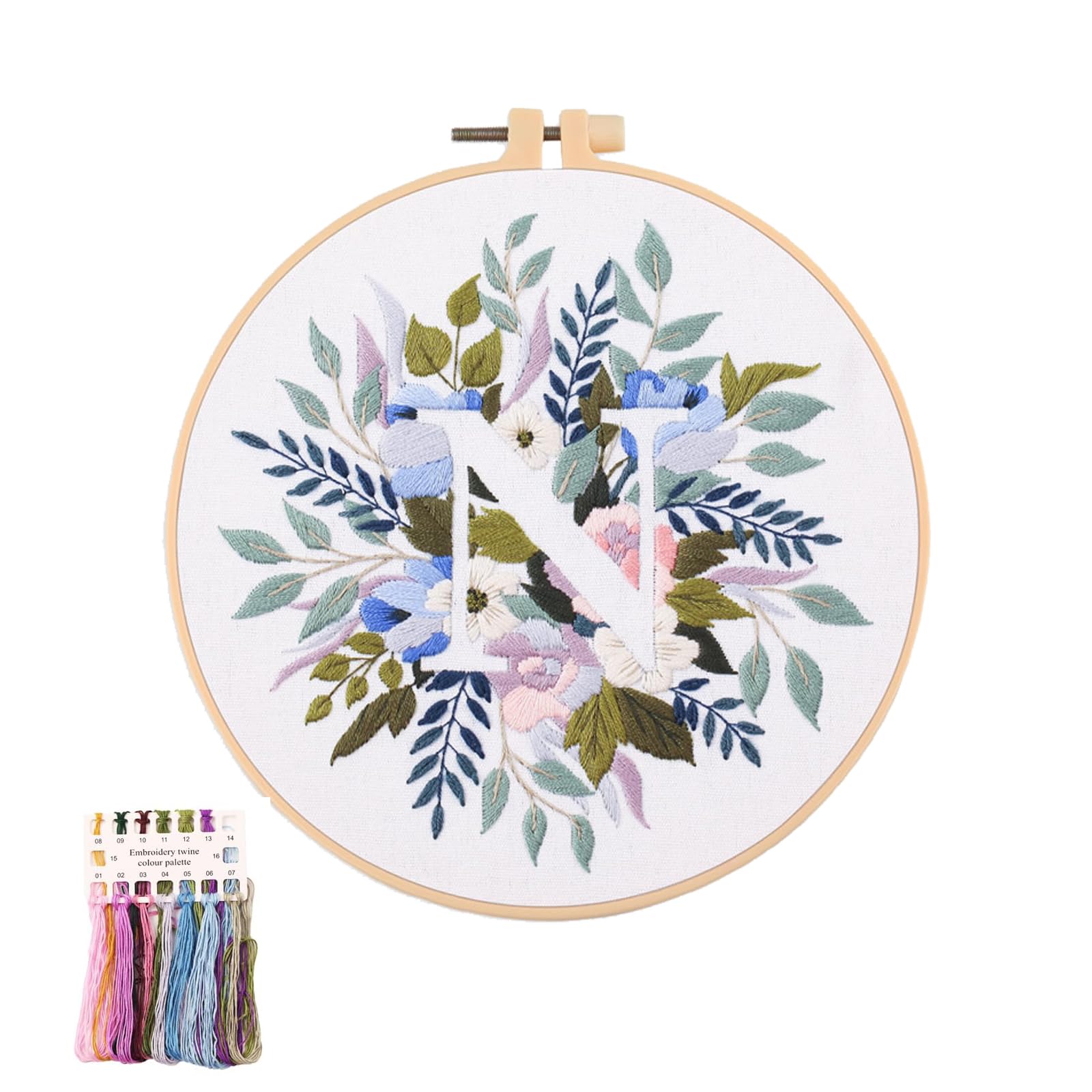 artcici Embroidery Kits Plant Flower Leaf English Letter Patterns for Beginners Adults, Full Range Embroidery Starter Kits Cross Stitch Needlework Supplies (Letter N)