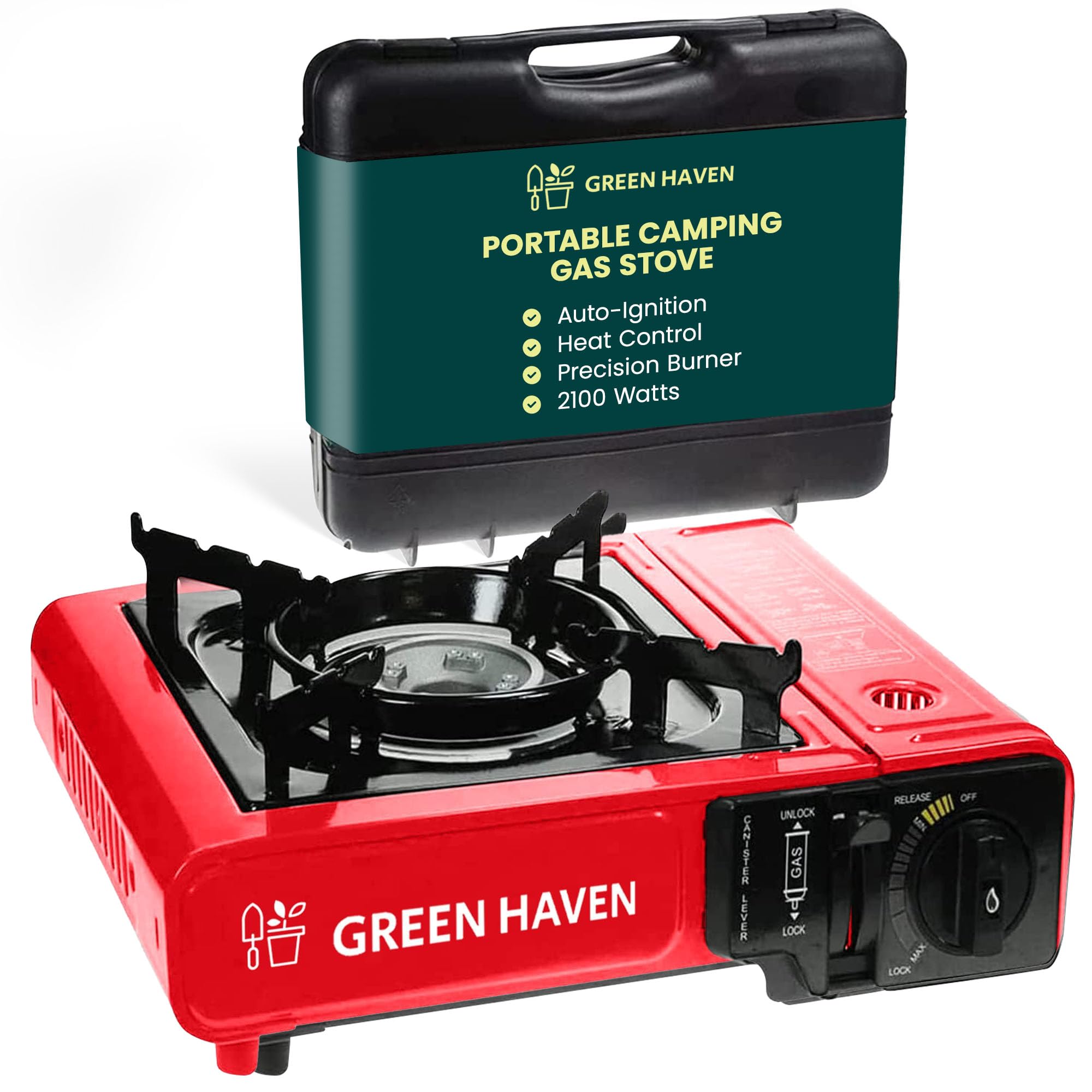 GREEN HAVEN Portable Camping Stove with Cary Case - Premium Camping Gas Stove, EN417 Compliant, Portable Gas Stove with Automatic Ignition & Heat Control, Red