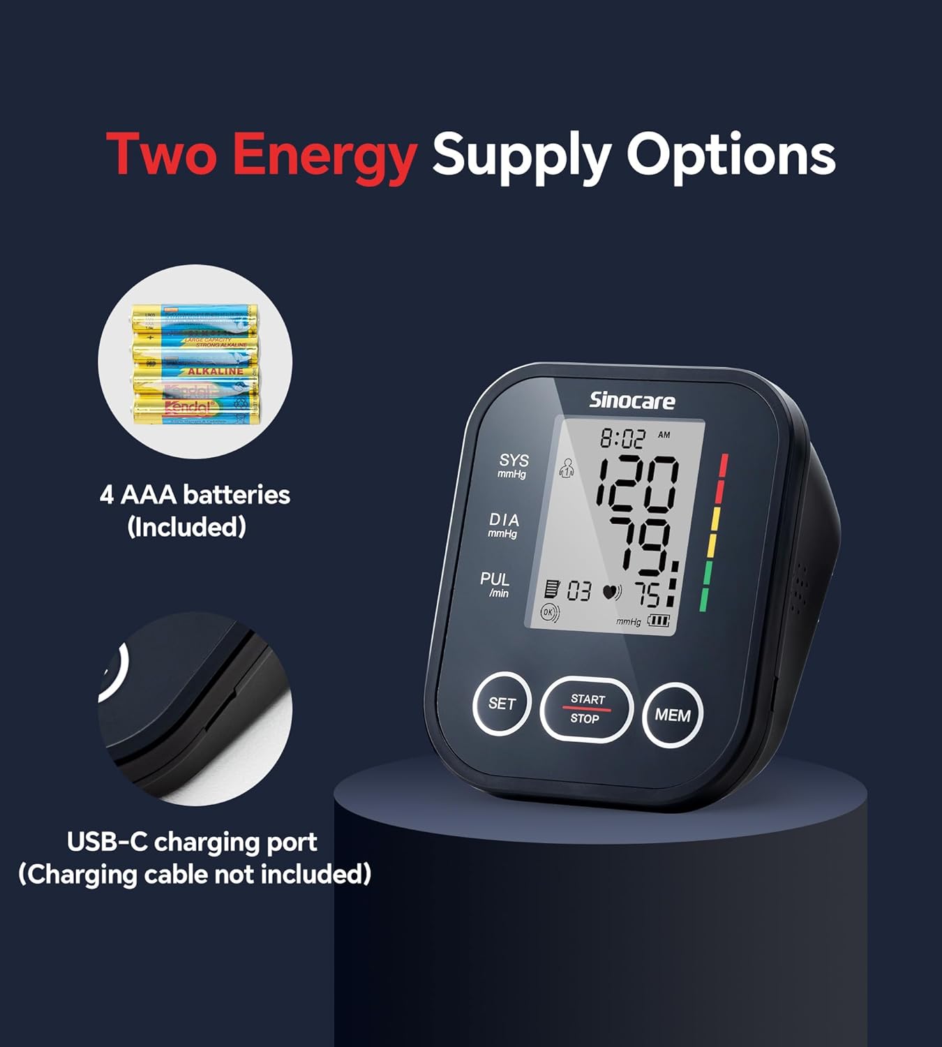 Sinocare ARM-30E+ Blood Pressure Monitor showing both AAA batteries and a USB-C charging port as power options.