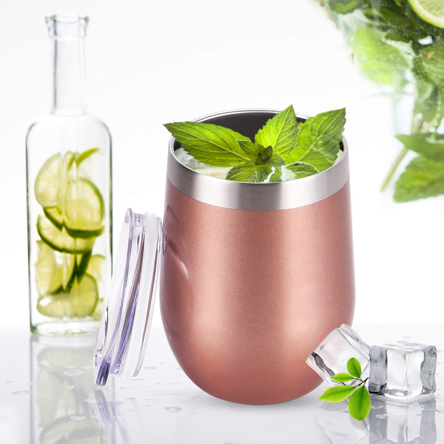 12 Pack Stainless Steel Wine Tumblers, 12Oz Double Wall Vacuum Insulated Wine Tumblers with Lids and Straws, Stainless Steel Stemless Wine Glasses for Coffee, Wine, Cocktails, Champaign, Rose Gold