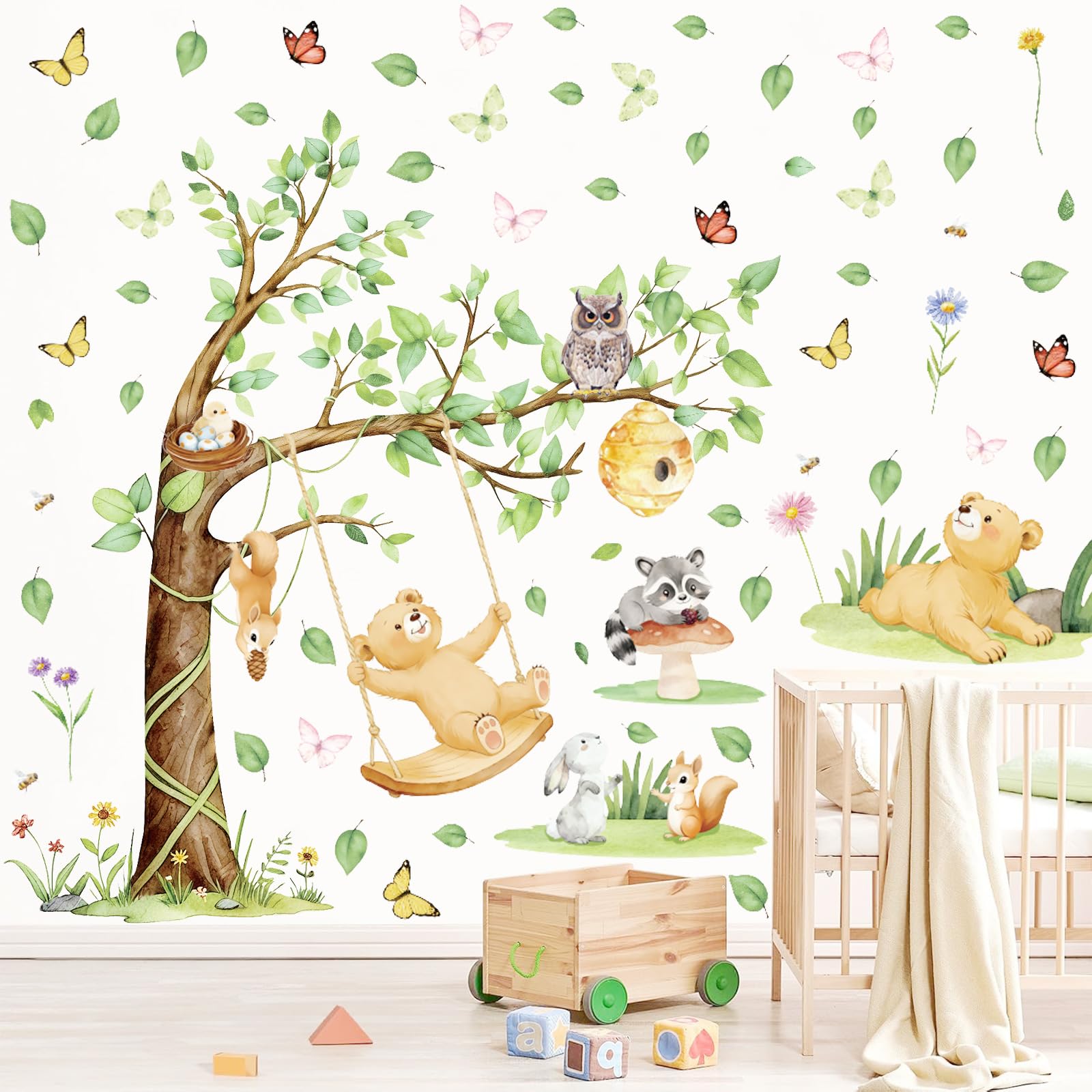 CHDITB Tree Wall Stickers Watercolor Woodland Animal Wall Decal Cute Bear Raccoon Owl Decals Decor for Nursery Rabbit Art Sticker for Playroom Living Room Kids Bedroom,90x60cm — image 1