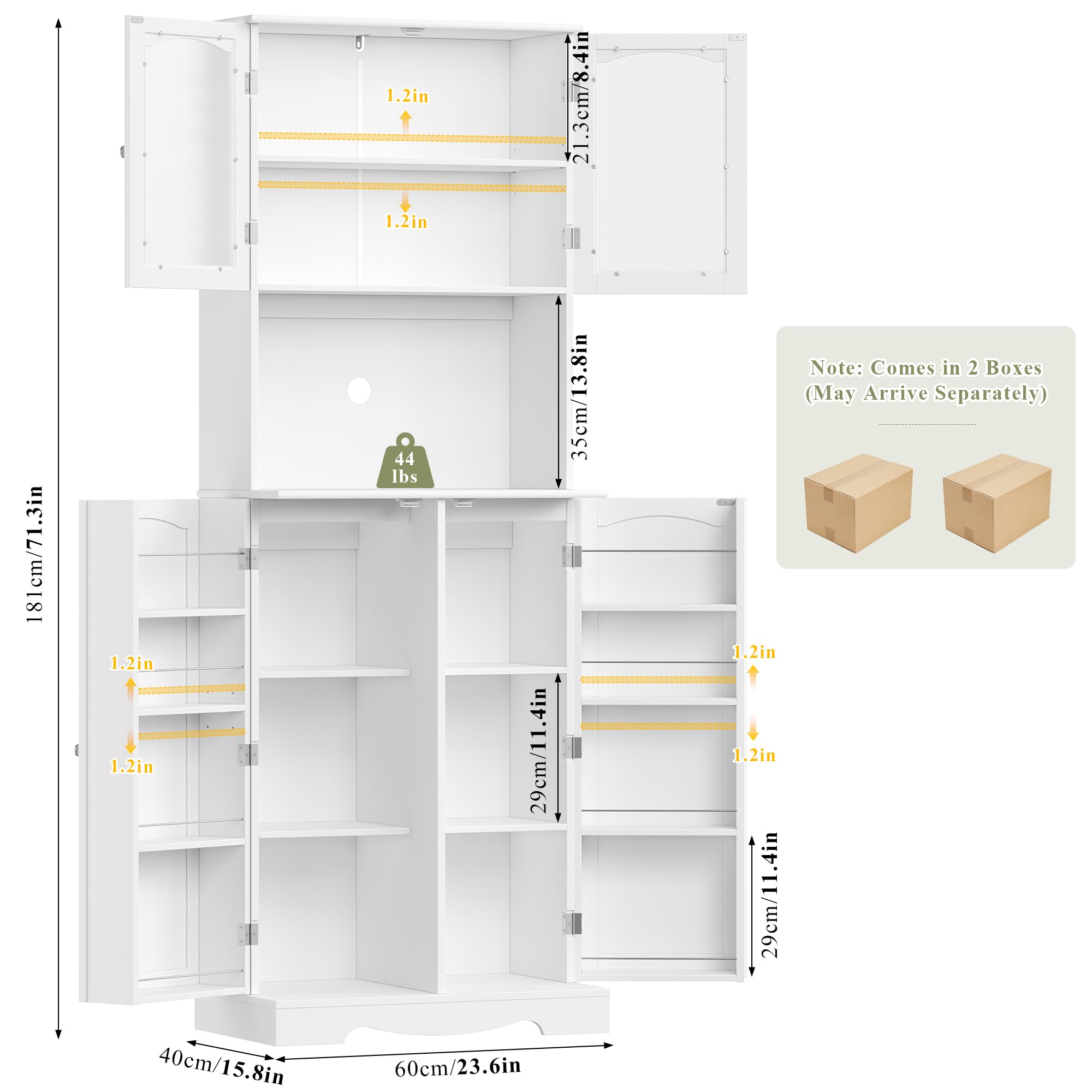 Credenza Cucina Alta, Mobile Cucina con Scaffali Portaspezie Bianco | Mobile Dispensa Cucina con 3 Ripiani Regolabili, Salvaspazio, piano di lavoro, 8 Scomparti e 4 Ante, per Cucina, Soggiorno