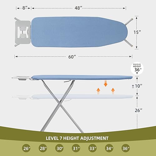 Miniatura 2 de Tabla de planchar de 48 x 15 pulgadas con soporte para hierro, altura ajustable de 26 a 36 pulgadas, tabla de hierro plegable de tamaño completo que