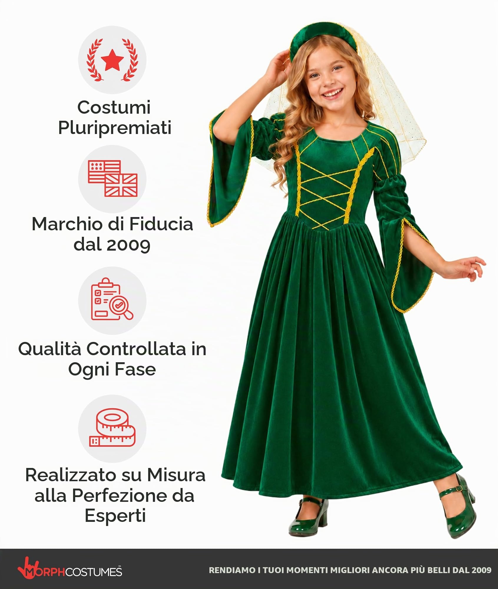 Fun Shack Costume Principessa Bambina, Costume Halloween Bambina | Abito Verde Elegante & Cerchietto con Velo, Stile Medievale Tudor, Perfetto per Halloween, Ideale per il Gioco di Ruolo