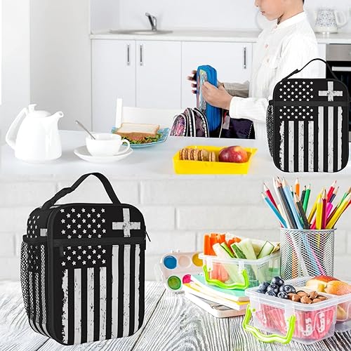 Miniatura 5 de PrelerDIY Lonchera con diseño de bandera estadounidense de color blanco envejecido, bolsas de almuerzo aisladas para mujereshombresniñasniños con