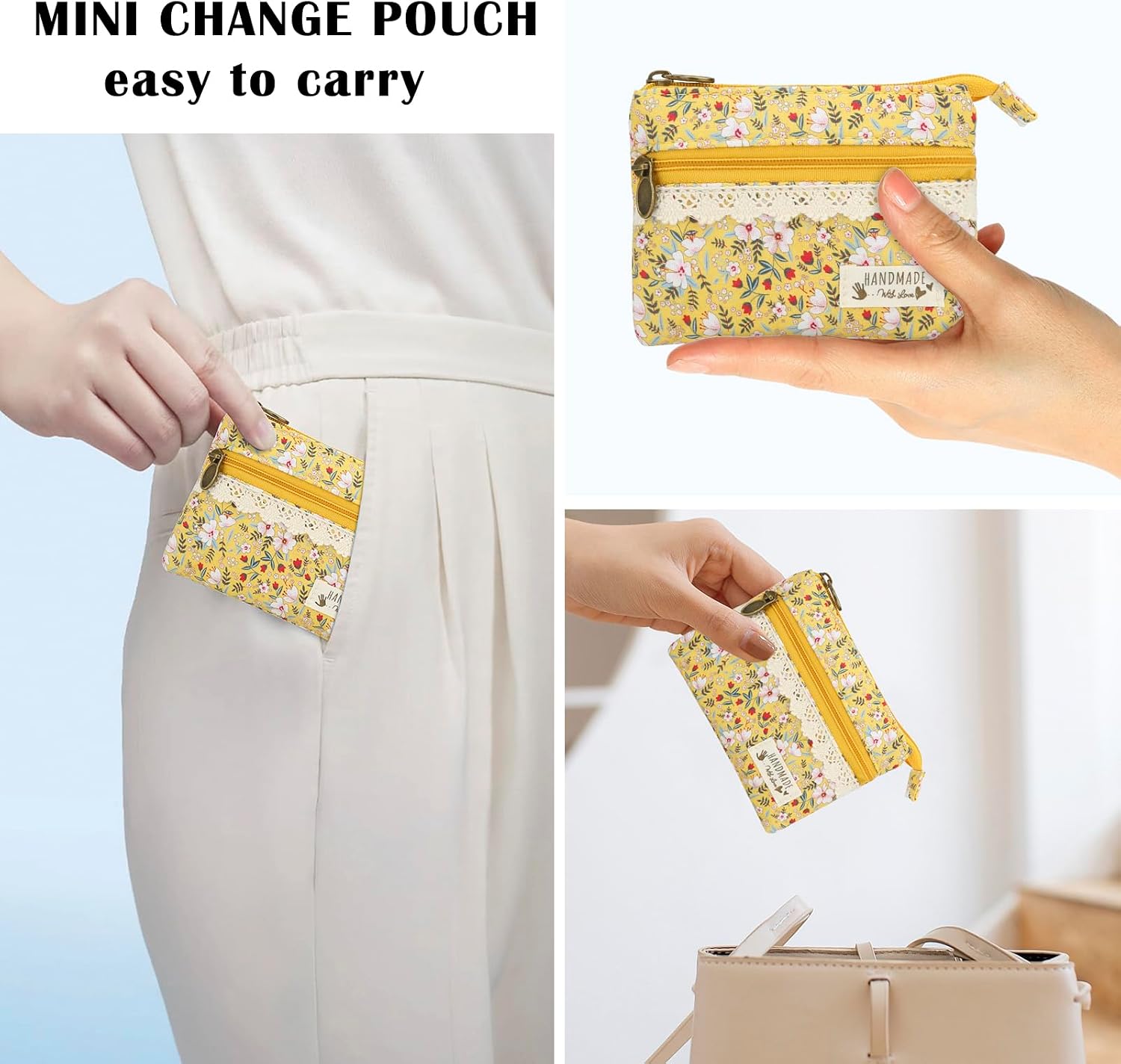 Mini Floral Coin Purse for Women, Small Cute Handmade Cotton Zip Wallet, Portable Vintage Change Pouch & Card Holder (small floral yellow)